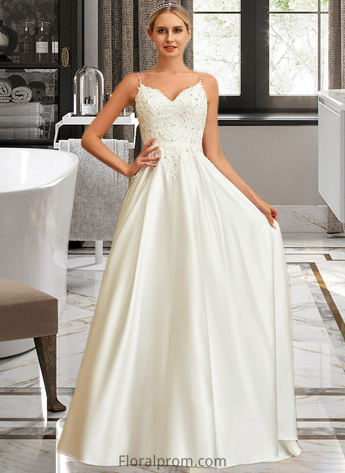 Minnie Ball-Gown/Princess V-neck Sweep Train Satin Lace Wedding Dress With Lace Beading Sequins Pockets HJP0013771