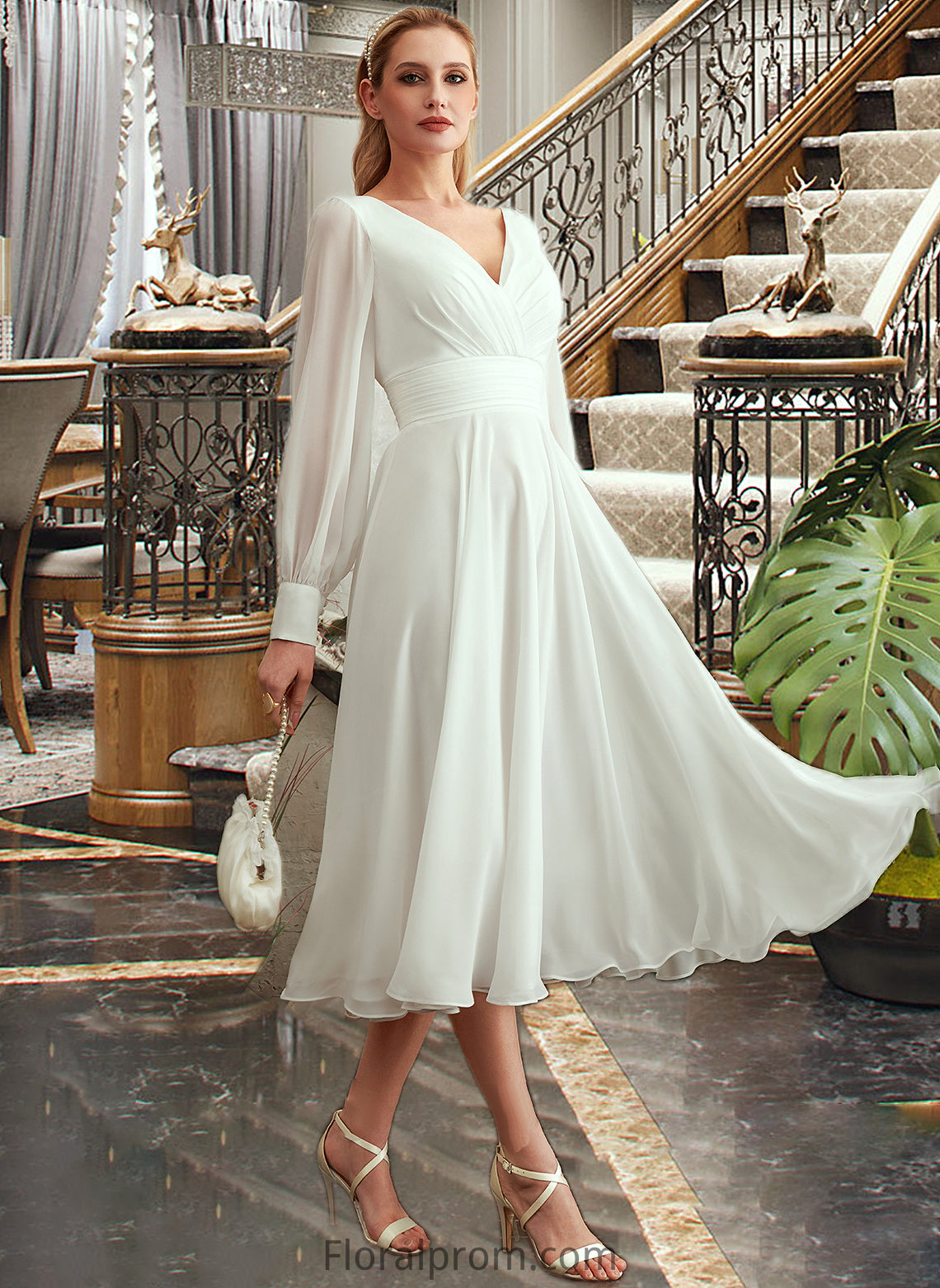 Stella A-Line V-neck Tea-Length Wedding Dress HJP0013772