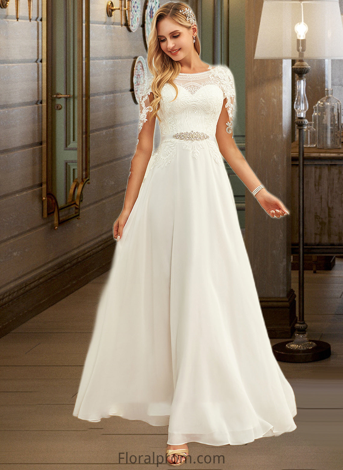 Sydney A-Line Scoop Neck Floor-Length Chiffon Lace Wedding Dress With Sequins HJP0013775