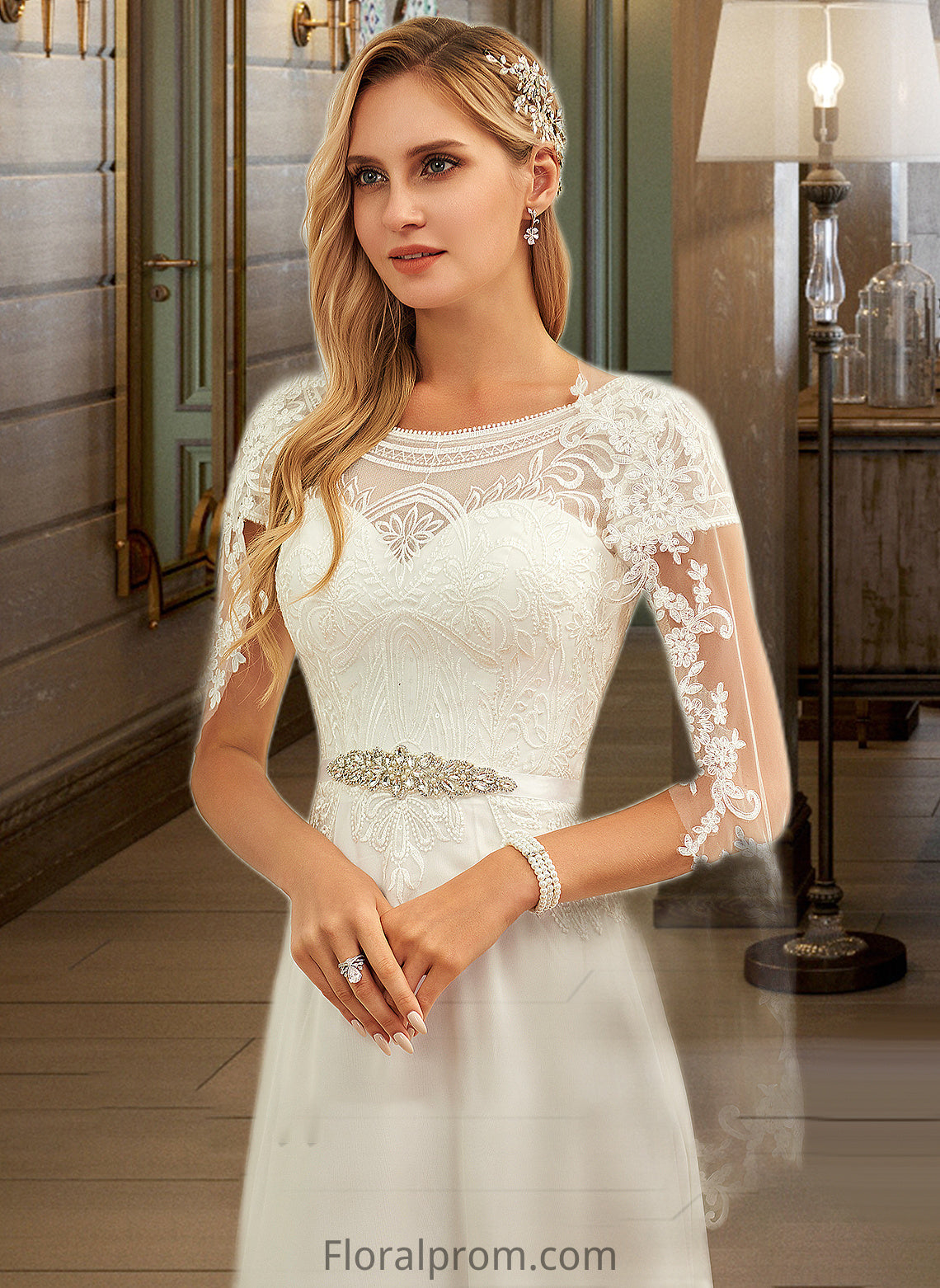 Sydney A-Line Scoop Neck Floor-Length Chiffon Lace Wedding Dress With Sequins HJP0013775