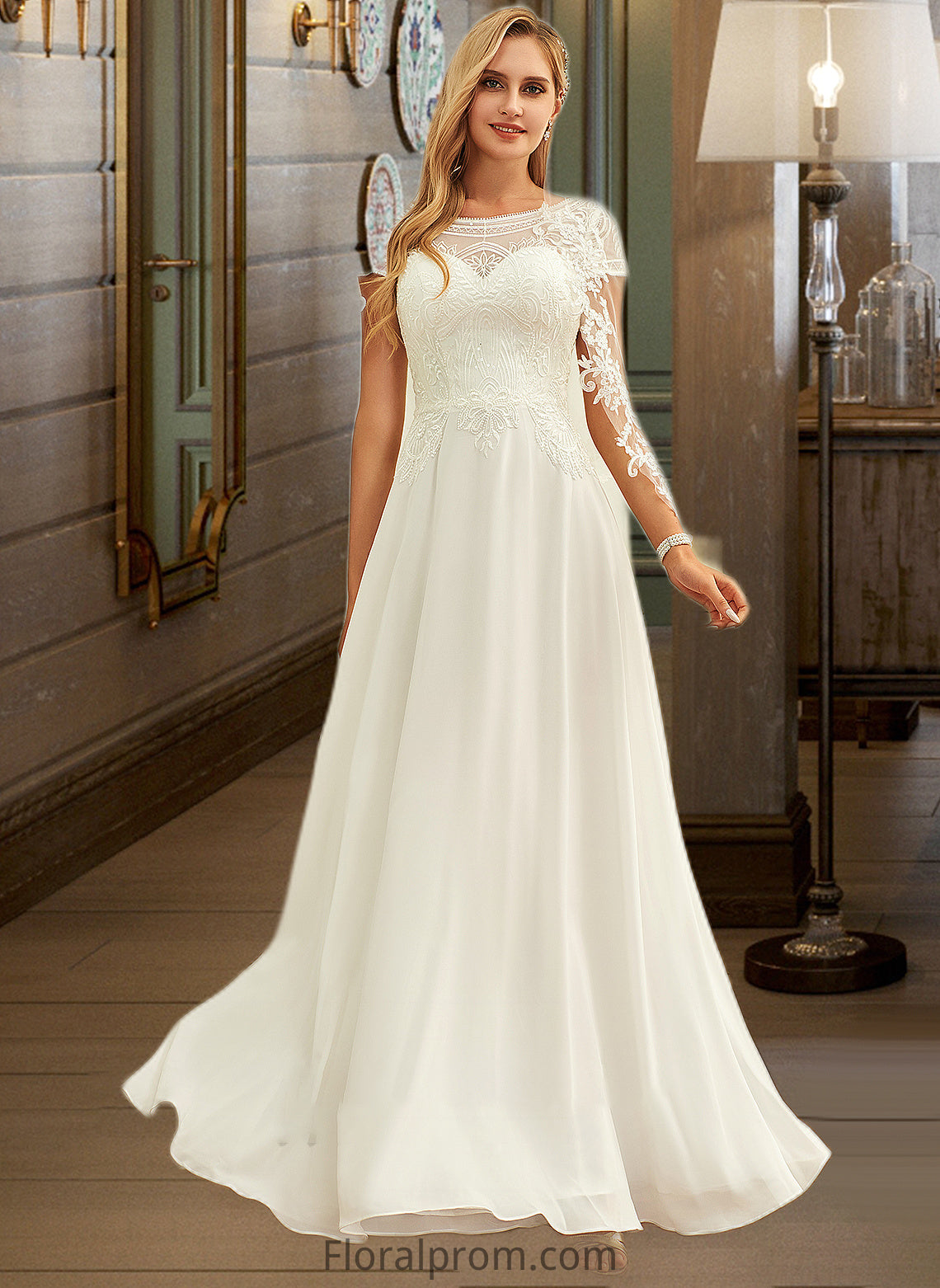 Sydney A-Line Scoop Neck Floor-Length Chiffon Lace Wedding Dress With Sequins HJP0013775