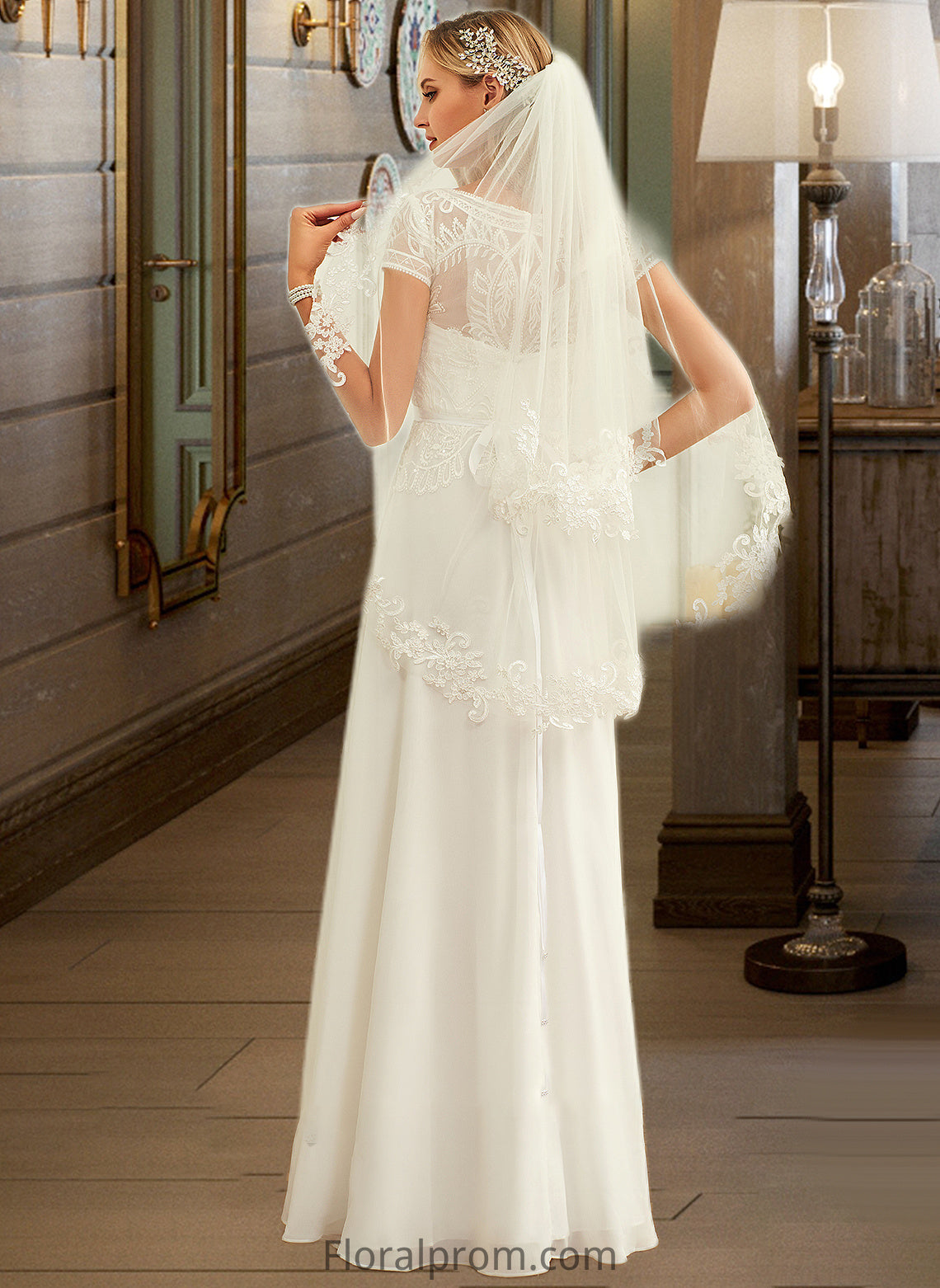 Sydney A-Line Scoop Neck Floor-Length Chiffon Lace Wedding Dress With Sequins HJP0013775