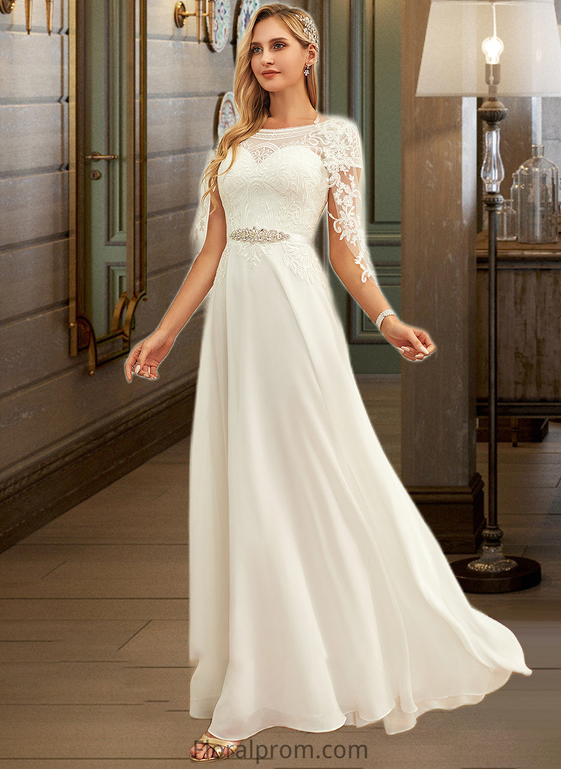 Sydney A-Line Scoop Neck Floor-Length Chiffon Lace Wedding Dress With Sequins HJP0013775