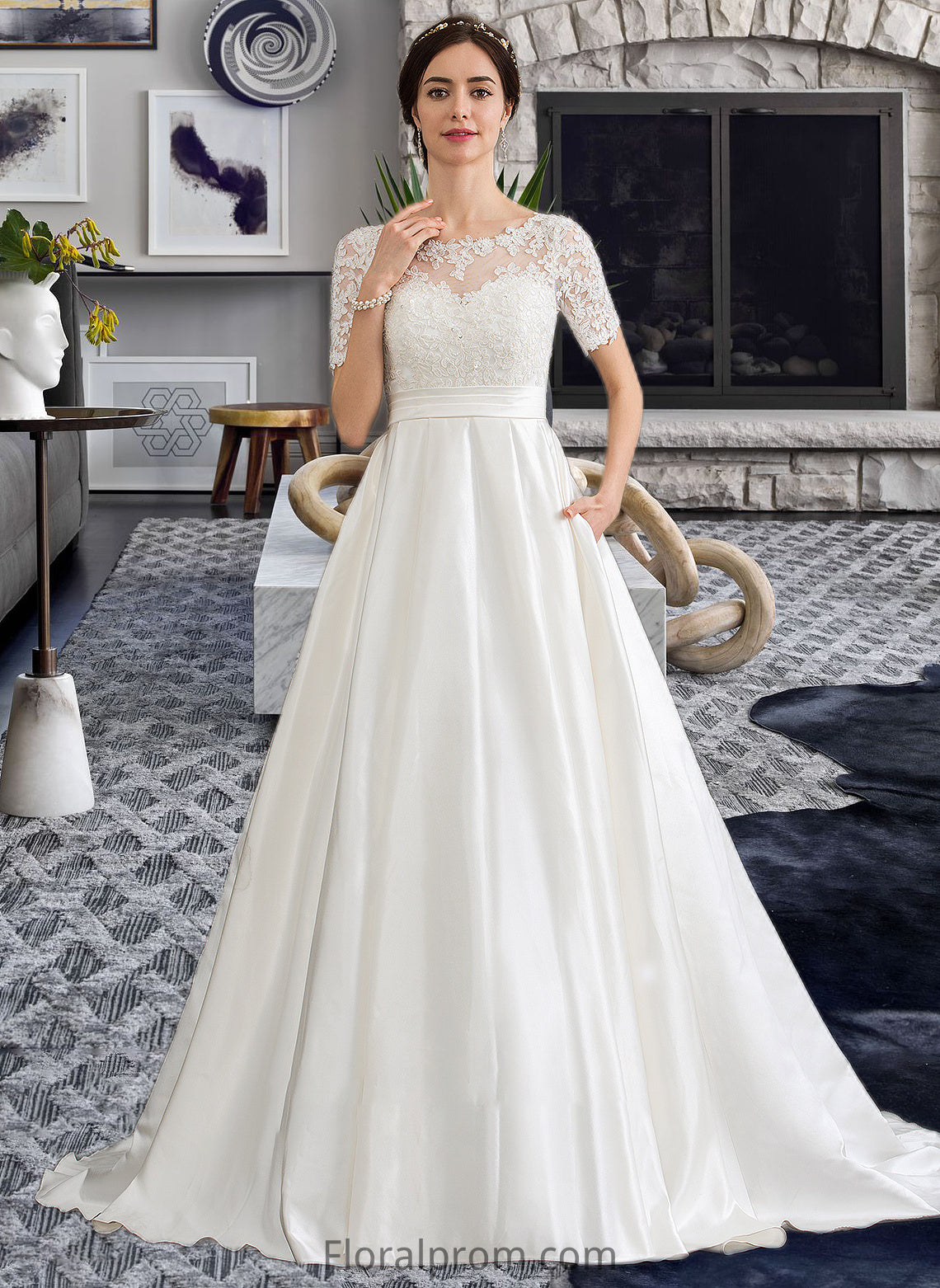 Alyson Ball-Gown/Princess Scoop Neck Court Train Satin Wedding Dress With Beading Sequins Pockets HJP0013777