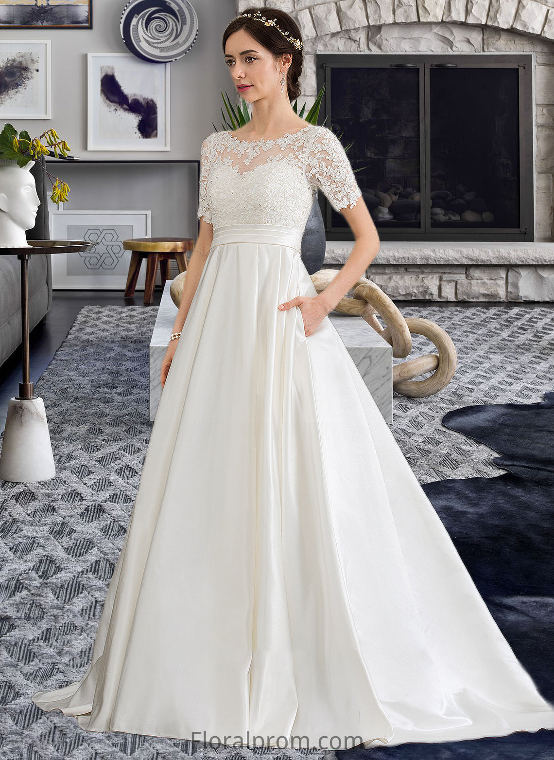 Alyson Ball-Gown/Princess Scoop Neck Court Train Satin Wedding Dress With Beading Sequins Pockets HJP0013777