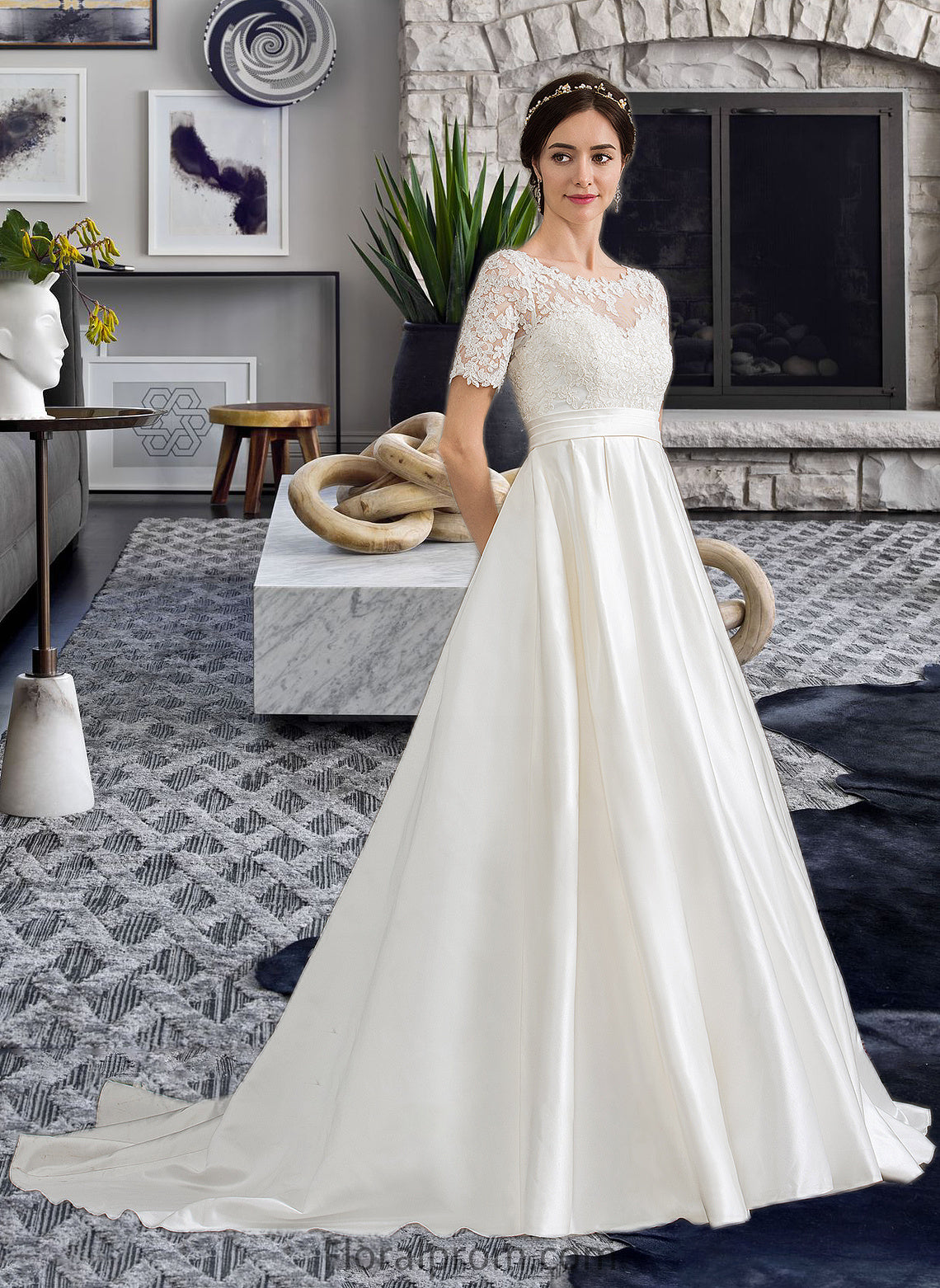 Alyson Ball-Gown/Princess Scoop Neck Court Train Satin Wedding Dress With Beading Sequins Pockets HJP0013777