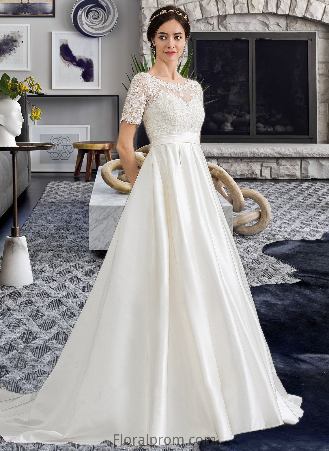 Alyson Ball-Gown/Princess Scoop Neck Court Train Satin Wedding Dress With Beading Sequins Pockets HJP0013777