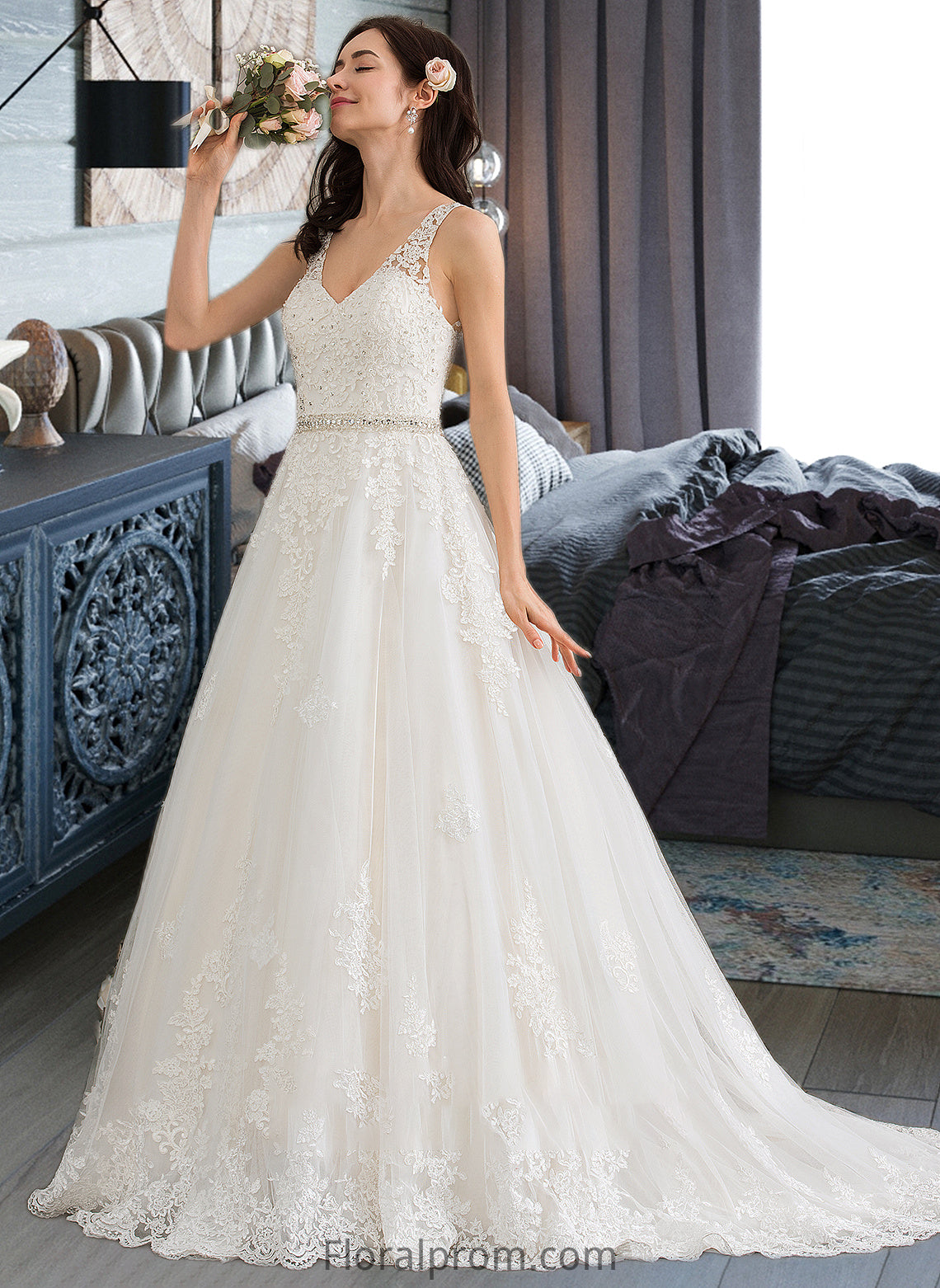 Ruby Ball-Gown/Princess V-neck Court Train Tulle Wedding Dress With Beading Sequins HJP0013779