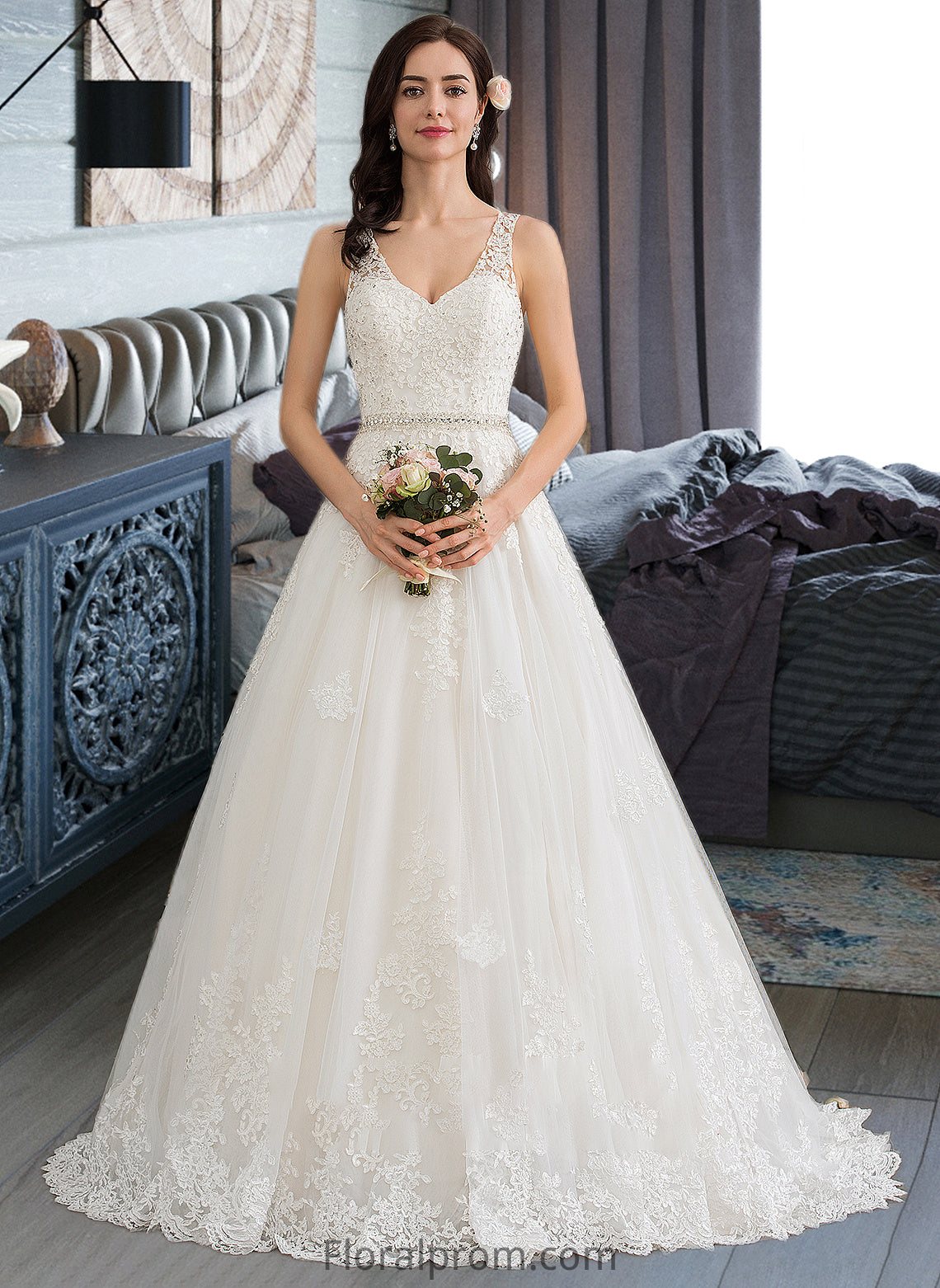 Ruby Ball-Gown/Princess V-neck Court Train Tulle Wedding Dress With Beading Sequins HJP0013779