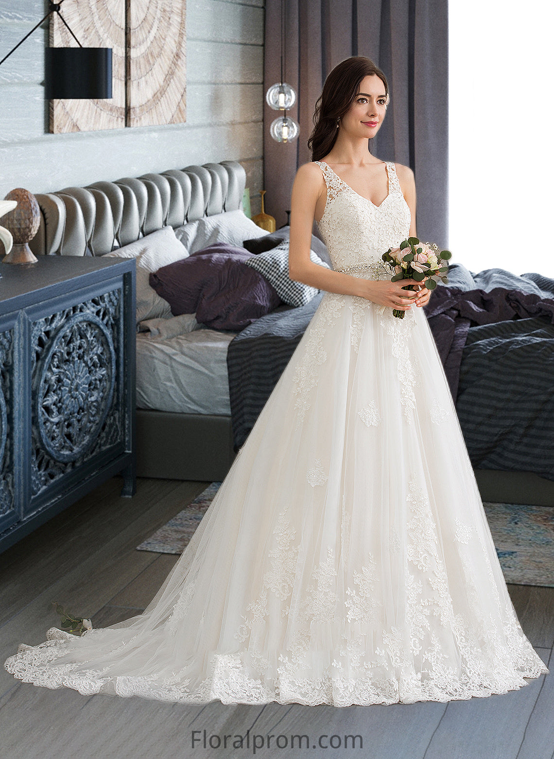 Ruby Ball-Gown/Princess V-neck Court Train Tulle Wedding Dress With Beading Sequins HJP0013779