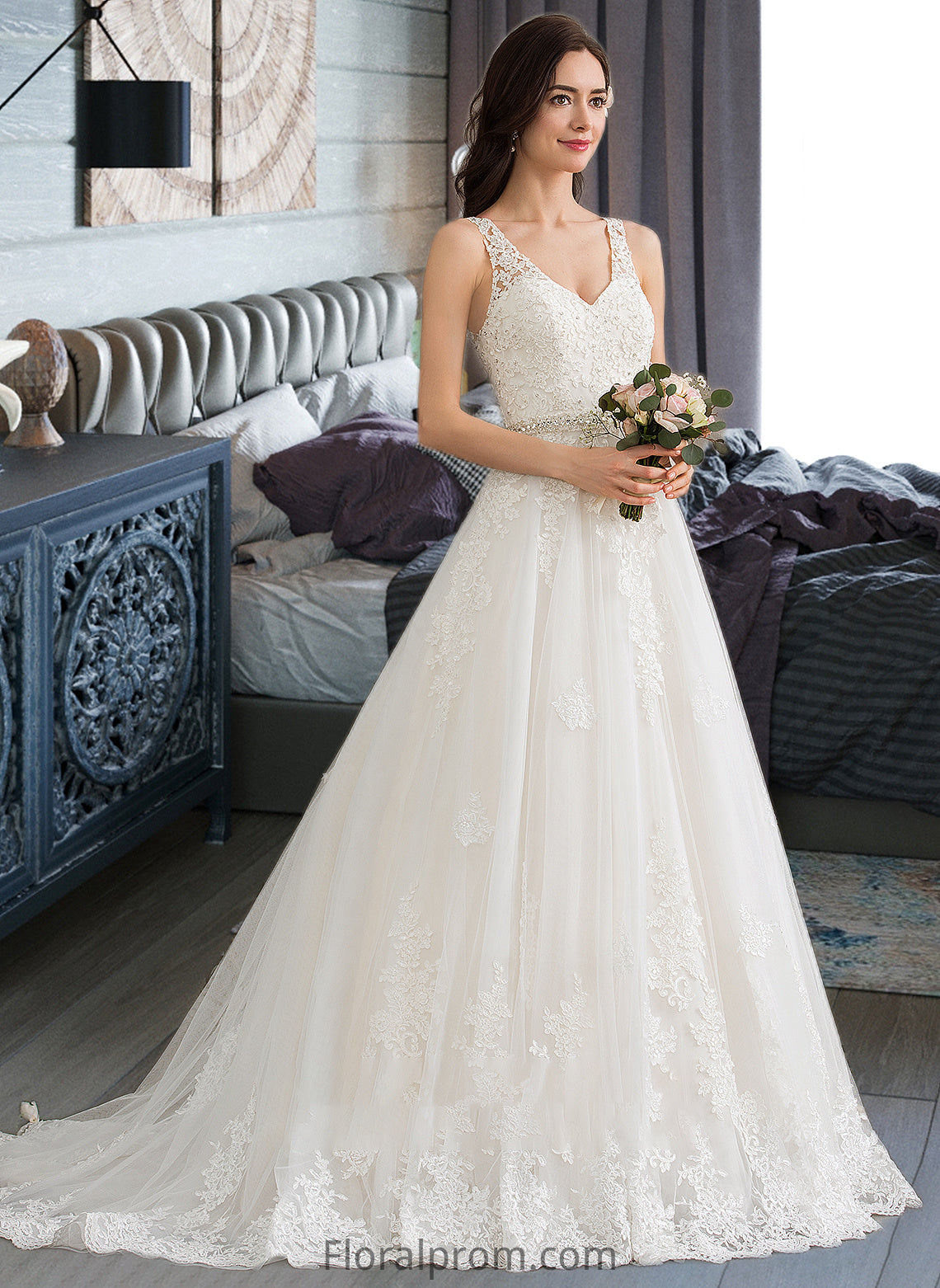 Ruby Ball-Gown/Princess V-neck Court Train Tulle Wedding Dress With Beading Sequins HJP0013779