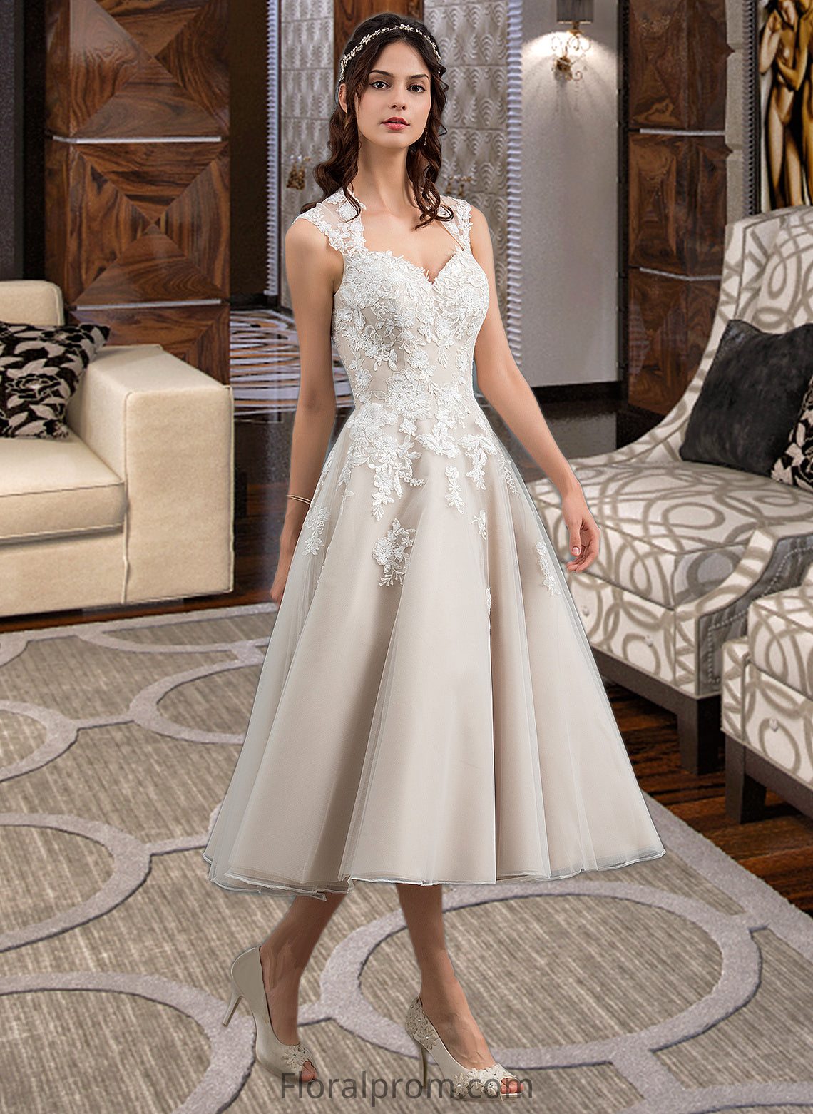 Selina Ball-Gown/Princess Sweetheart Tea-Length Tulle Wedding Dress With Sequins HJP0013791