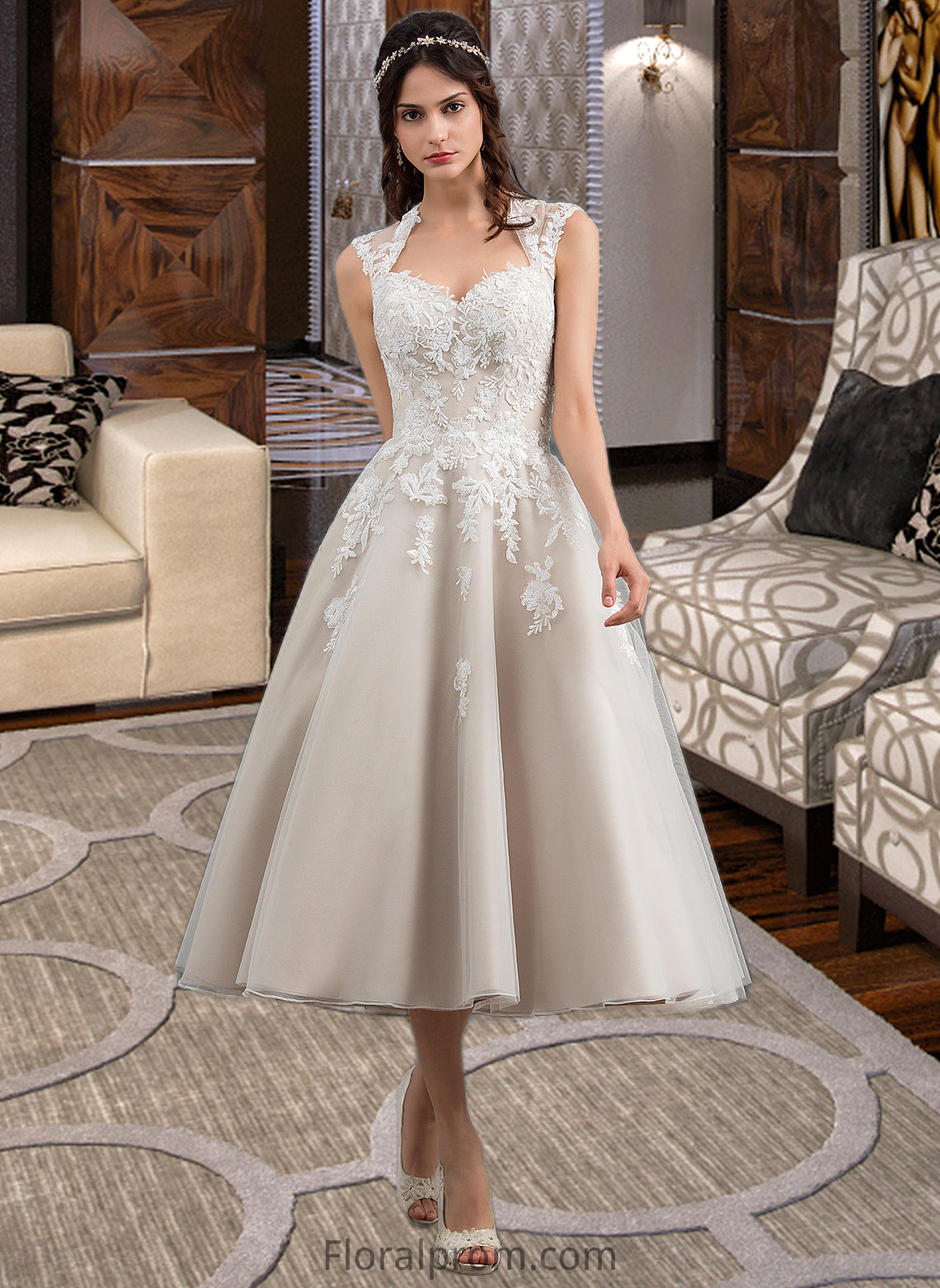 Selina Ball-Gown/Princess Sweetheart Tea-Length Tulle Wedding Dress With Sequins HJP0013791