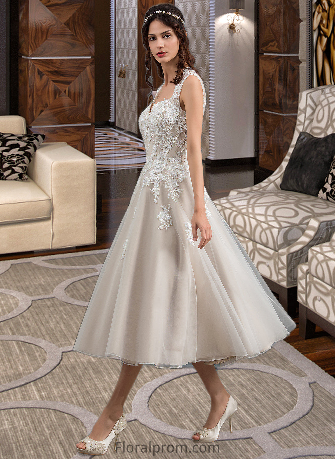 Selina Ball-Gown/Princess Sweetheart Tea-Length Tulle Wedding Dress With Sequins HJP0013791