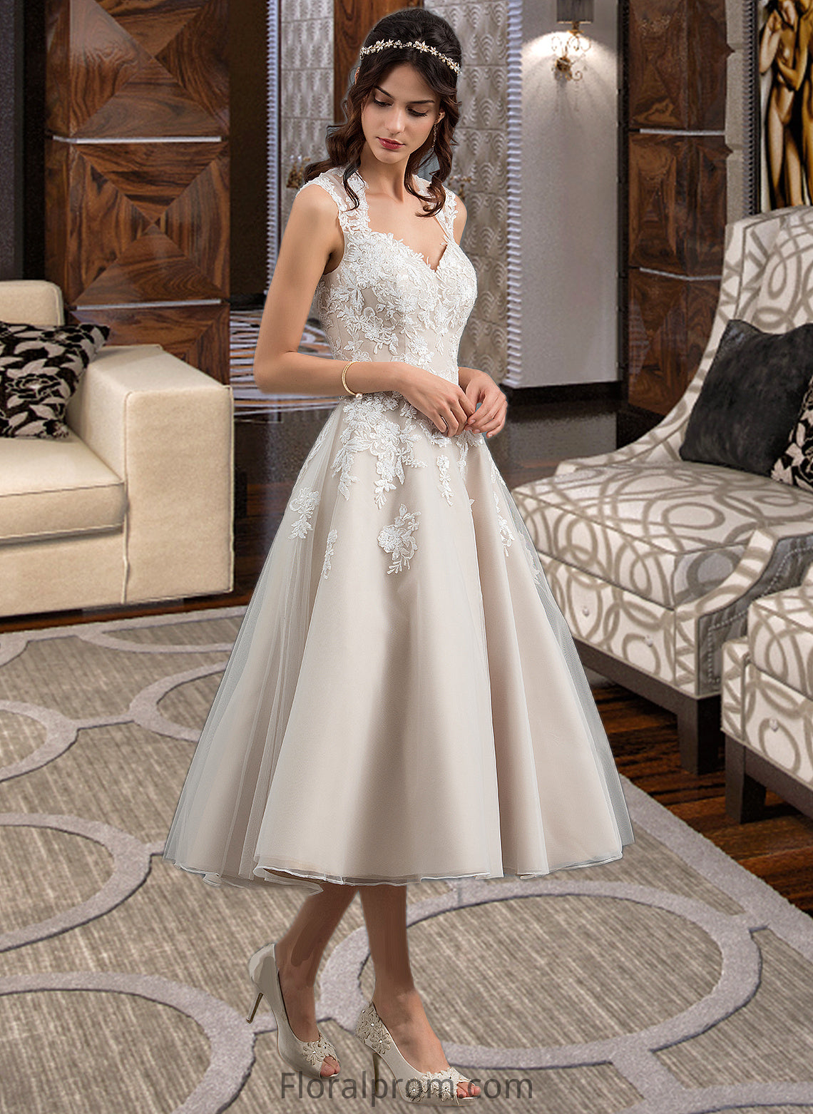 Selina Ball-Gown/Princess Sweetheart Tea-Length Tulle Wedding Dress With Sequins HJP0013791