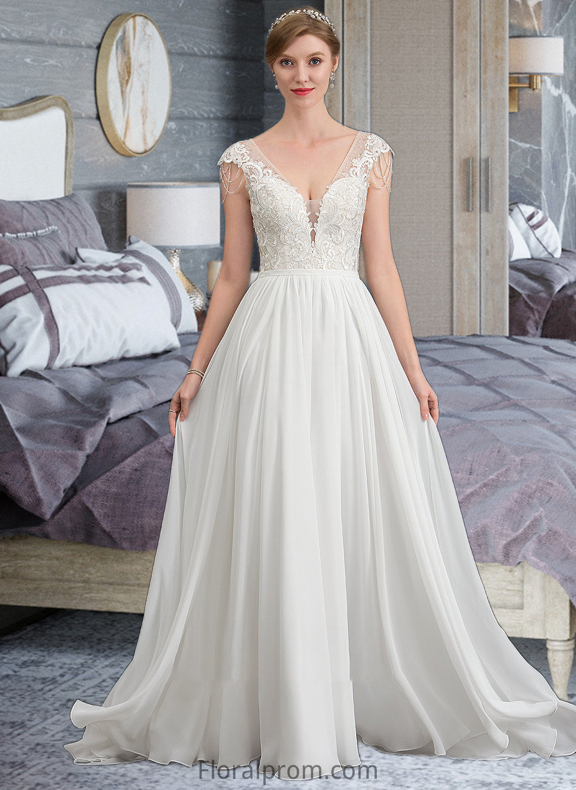 Isabella A-Line V-neck Sweep Train Chiffon Wedding Dress With Beading Sequins HJP0013792