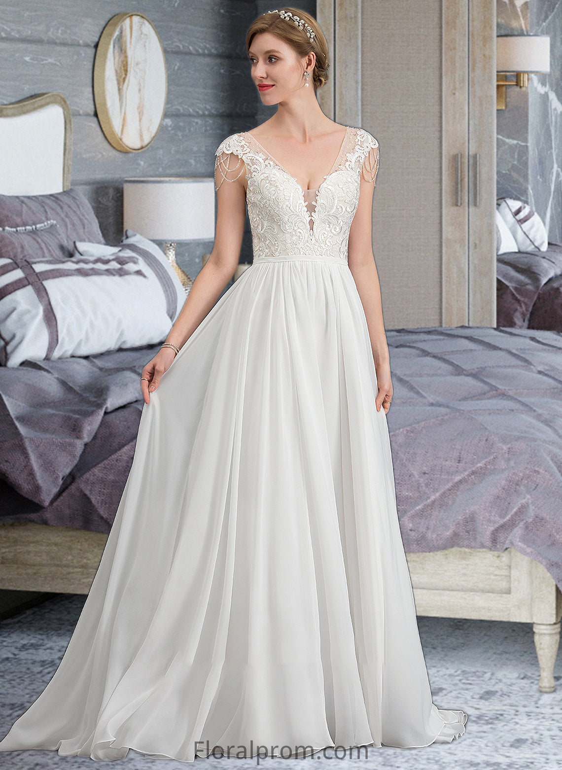 Isabella A-Line V-neck Sweep Train Chiffon Wedding Dress With Beading Sequins HJP0013792