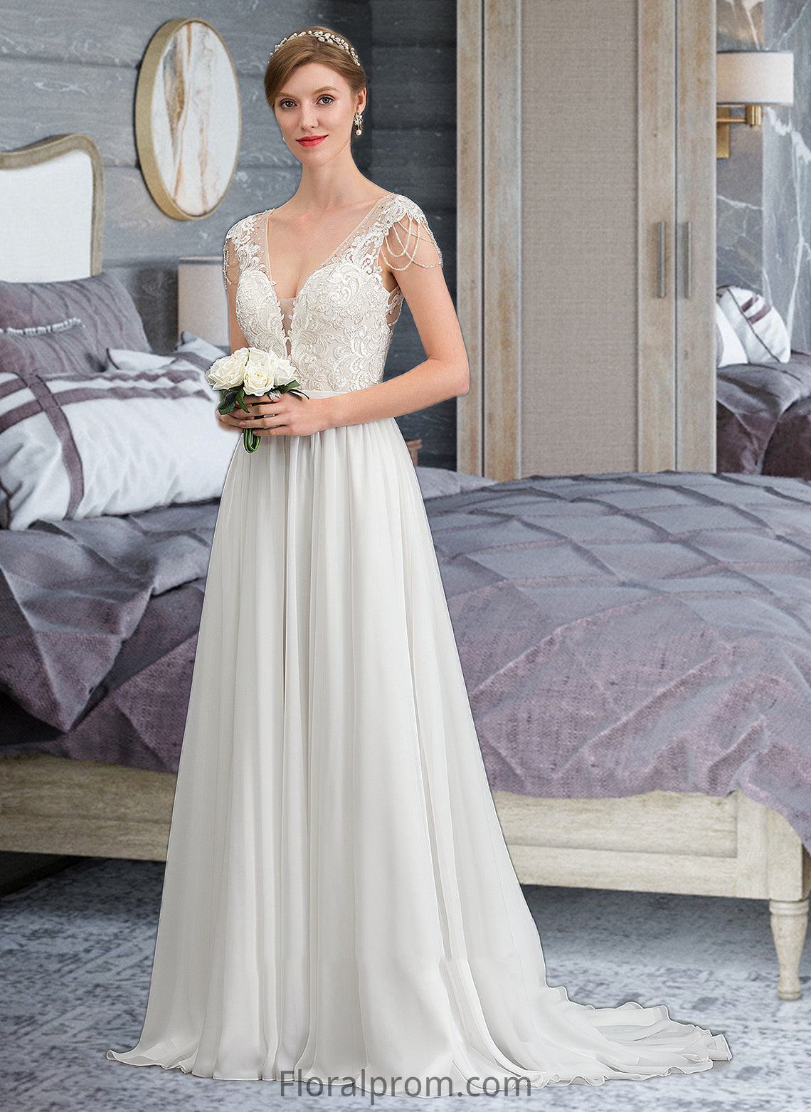 Isabella A-Line V-neck Sweep Train Chiffon Wedding Dress With Beading Sequins HJP0013792