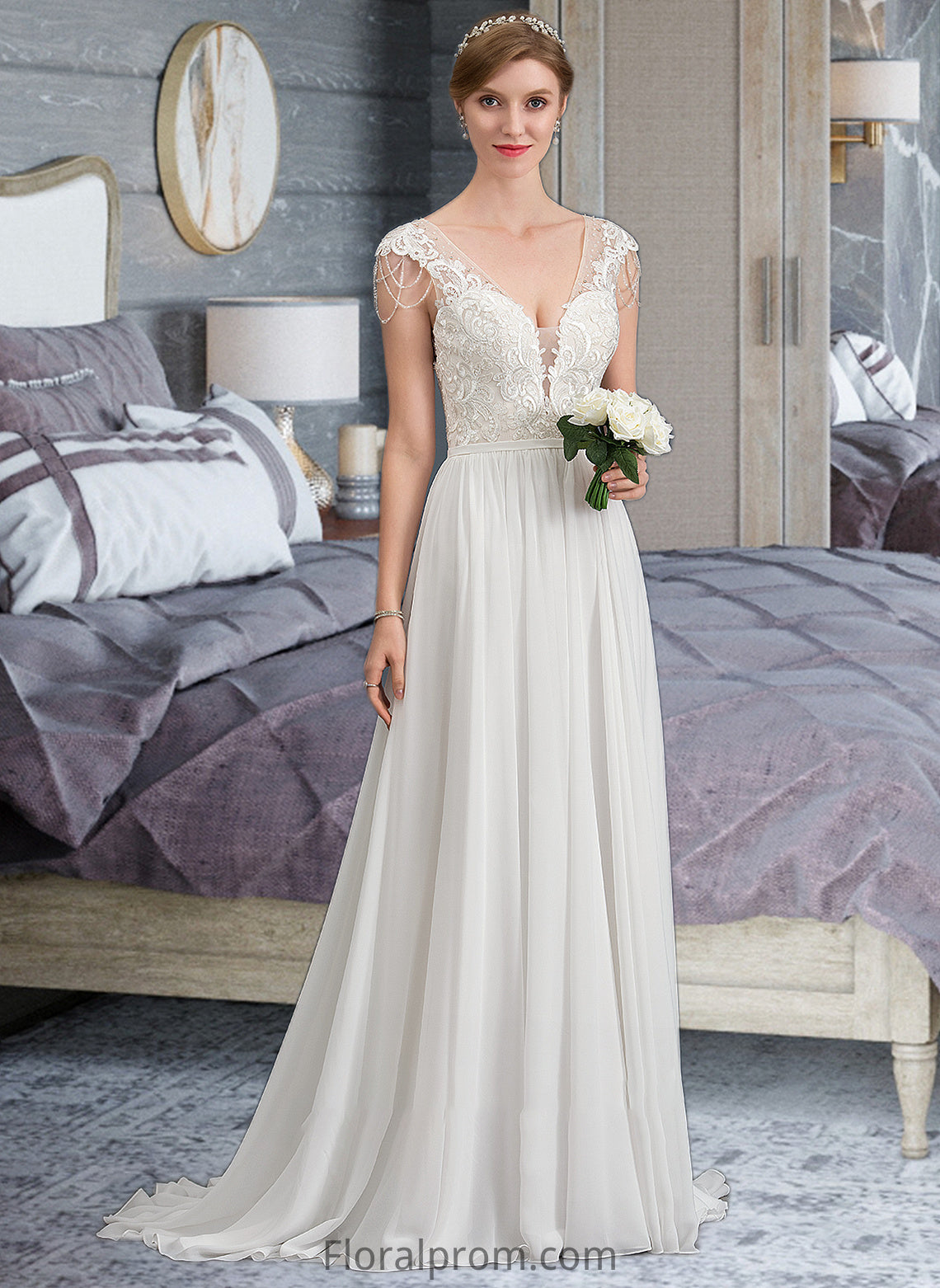 Isabella A-Line V-neck Sweep Train Chiffon Wedding Dress With Beading Sequins HJP0013792