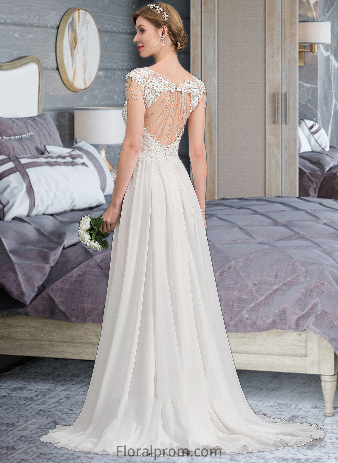 Isabella A-Line V-neck Sweep Train Chiffon Wedding Dress With Beading Sequins HJP0013792