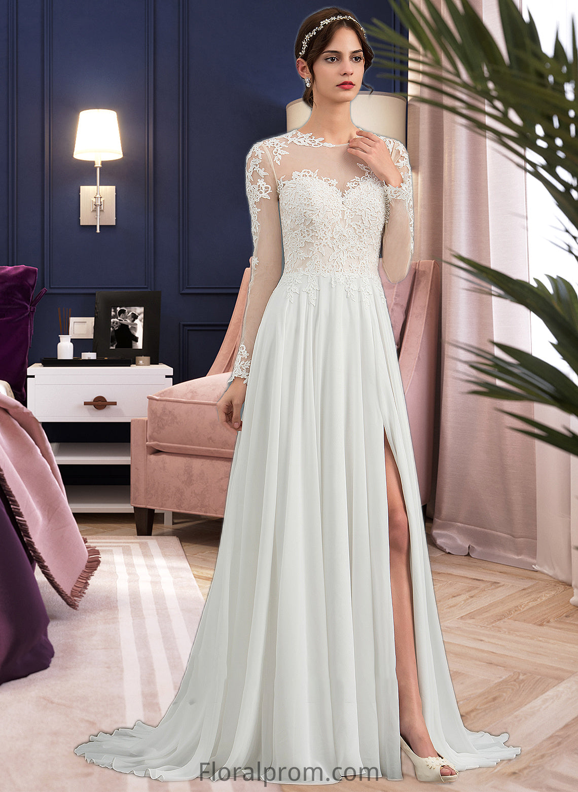 Pearl A-Line Illusion Sweep Train Chiffon Wedding Dress With Appliques Lace Split Front HJP0013793