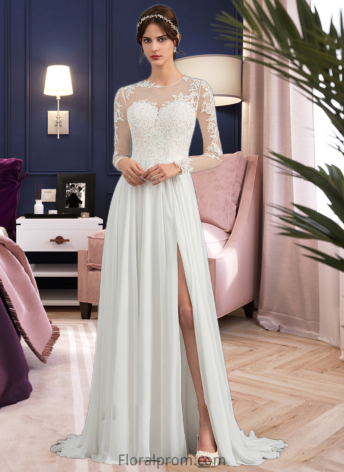 Pearl A-Line Illusion Sweep Train Chiffon Wedding Dress With Appliques Lace Split Front HJP0013793