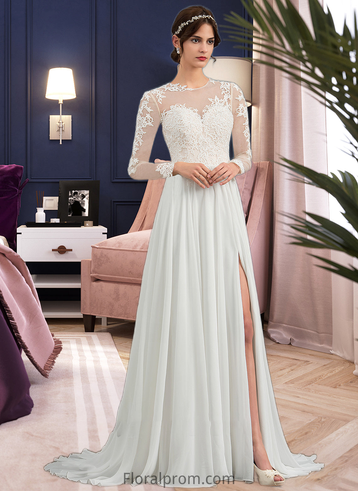 Pearl A-Line Illusion Sweep Train Chiffon Wedding Dress With Appliques Lace Split Front HJP0013793