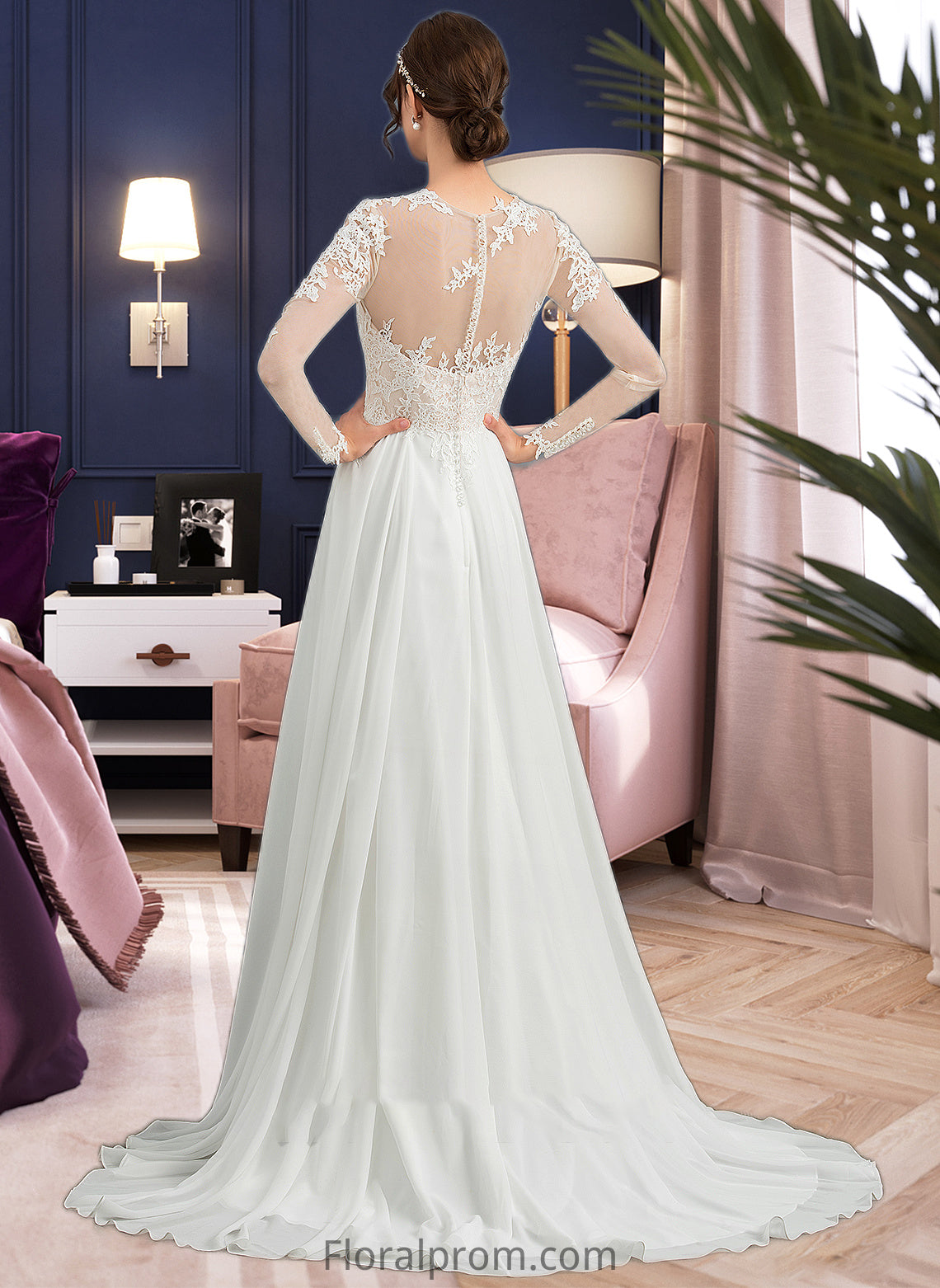 Pearl A-Line Illusion Sweep Train Chiffon Wedding Dress With Appliques Lace Split Front HJP0013793