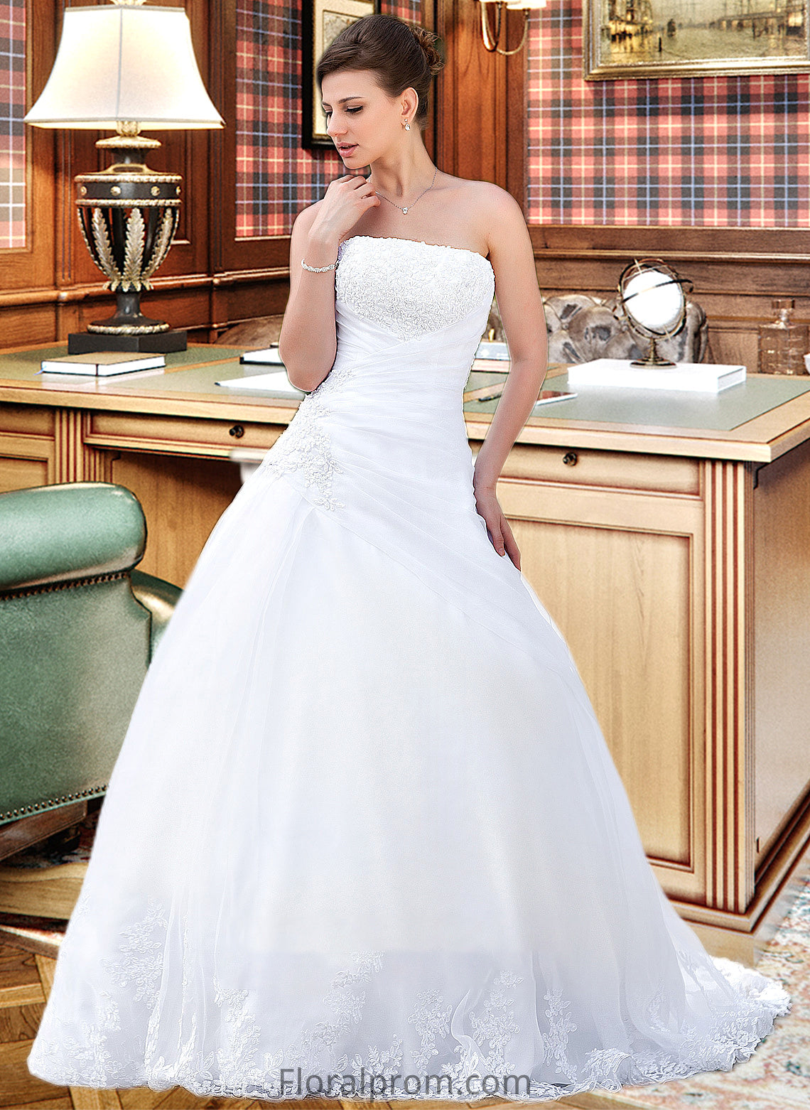 Ally Ball-Gown/Princess Strapless Chapel Train Satin Organza Wedding Dress With Lace Beading HJP0013796