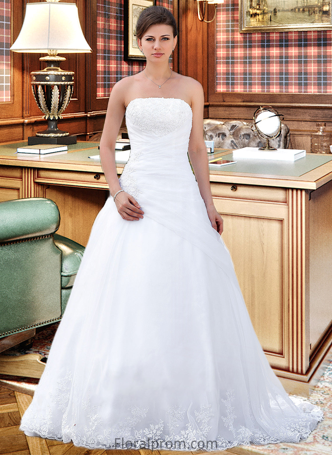 Ally Ball-Gown/Princess Strapless Chapel Train Satin Organza Wedding Dress With Lace Beading HJP0013796