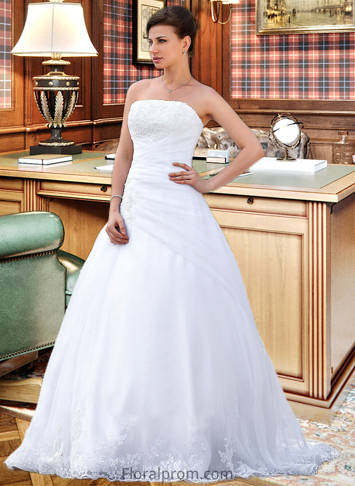 Ally Ball-Gown/Princess Strapless Chapel Train Satin Organza Wedding Dress With Lace Beading HJP0013796