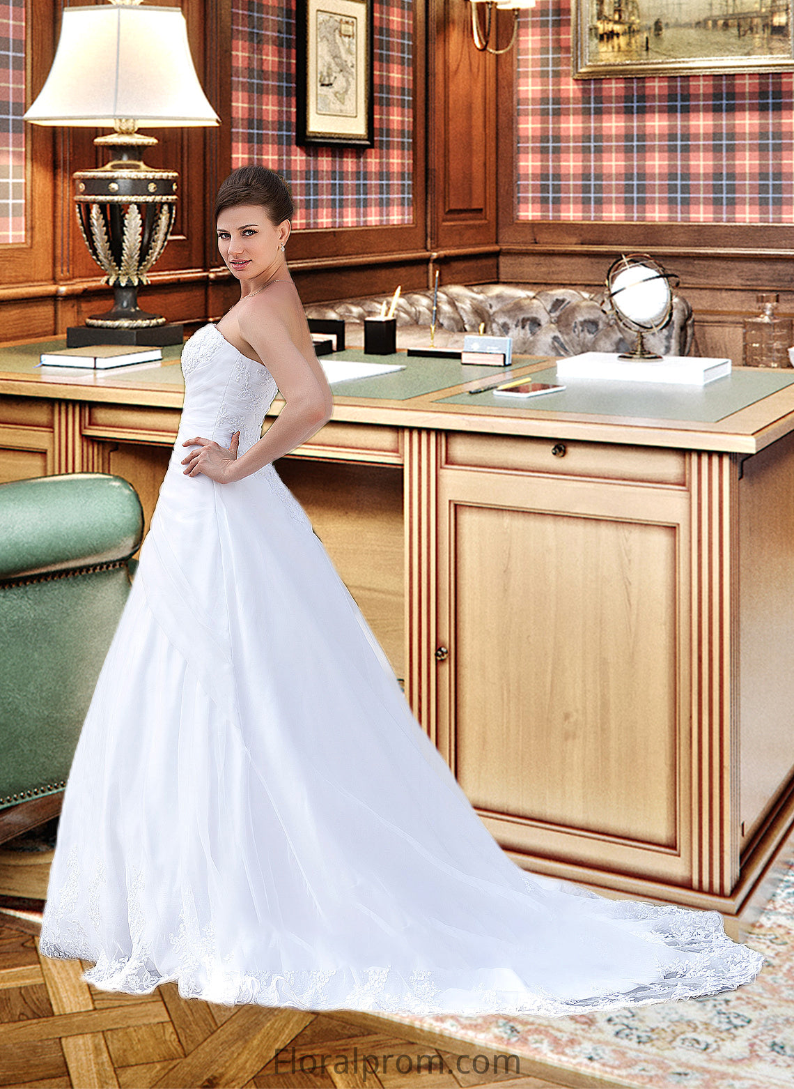 Ally Ball-Gown/Princess Strapless Chapel Train Satin Organza Wedding Dress With Lace Beading HJP0013796