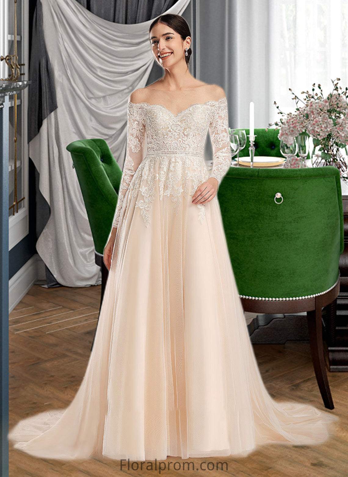 Sarahi Ball-Gown/Princess Illusion Chapel Train Wedding Dress With Sequins HJP0013798