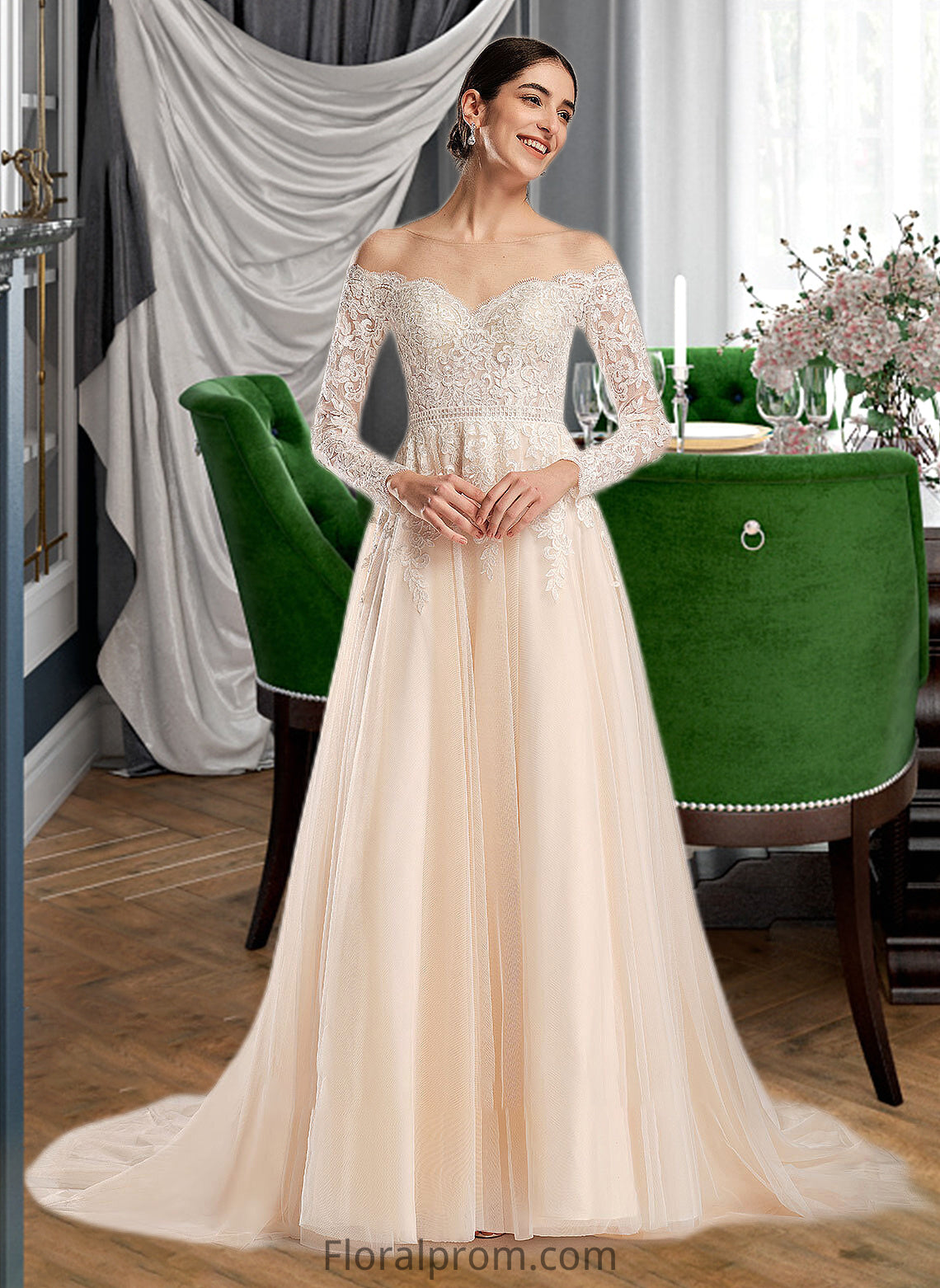 Sarahi Ball-Gown/Princess Illusion Chapel Train Wedding Dress With Sequins HJP0013798