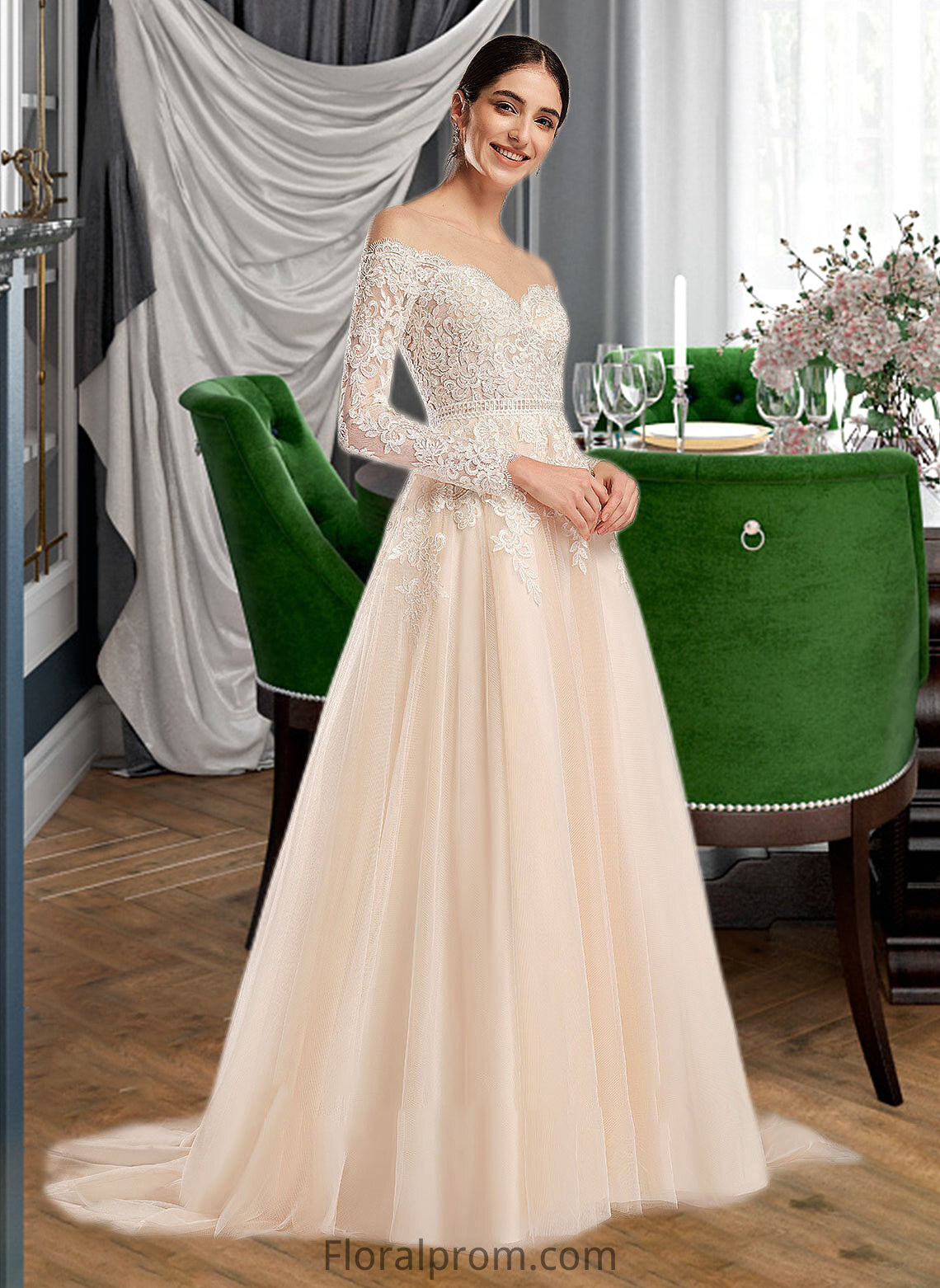 Sarahi Ball-Gown/Princess Illusion Chapel Train Wedding Dress With Sequins HJP0013798