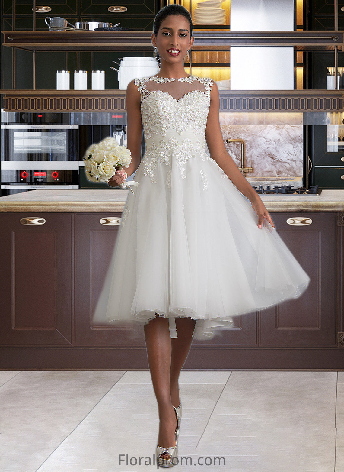 Giana A-Line Illusion Asymmetrical Tulle Wedding Dress With Ruffle HJP0013808