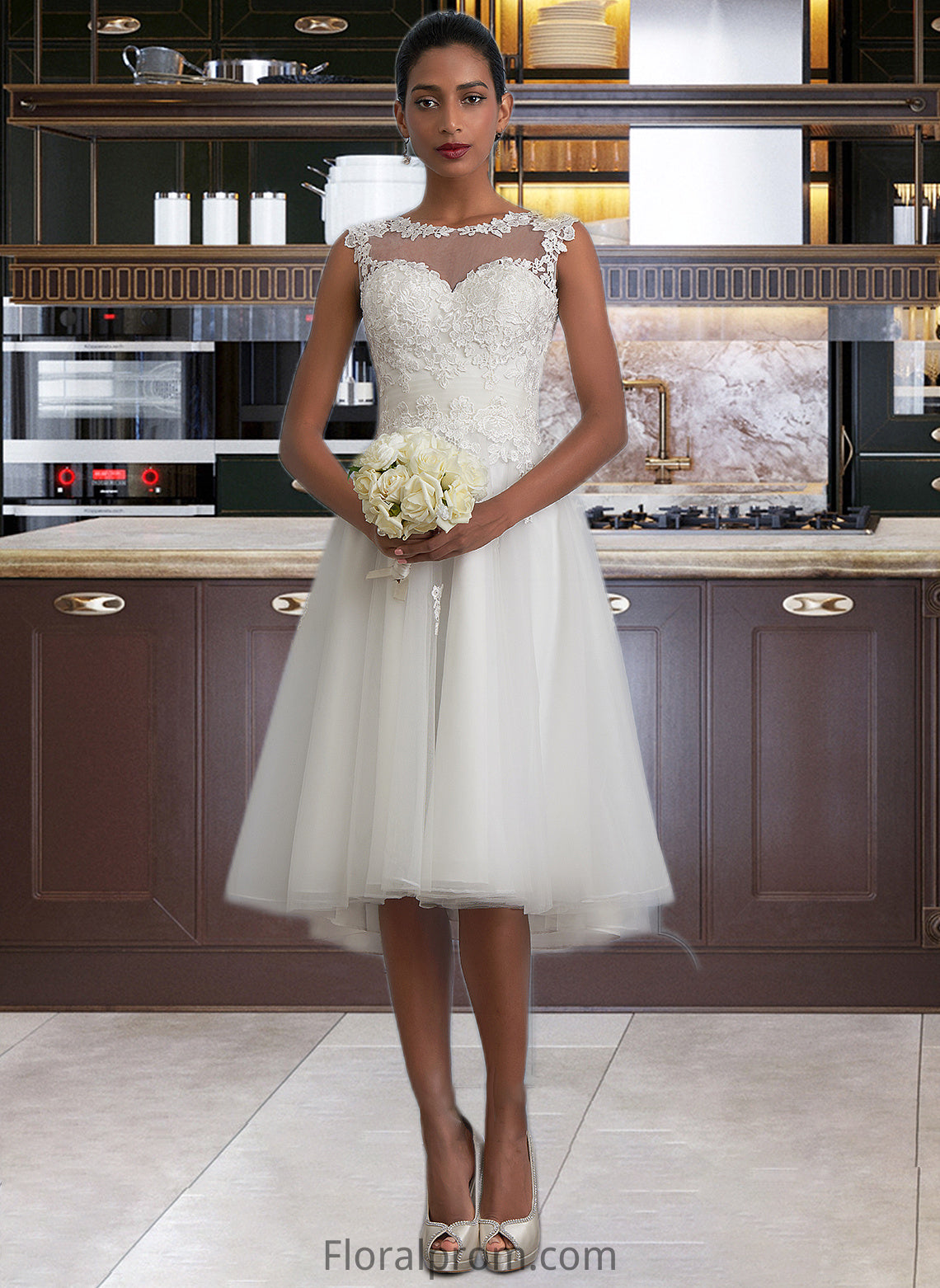 Giana A-Line Illusion Asymmetrical Tulle Wedding Dress With Ruffle HJP0013808