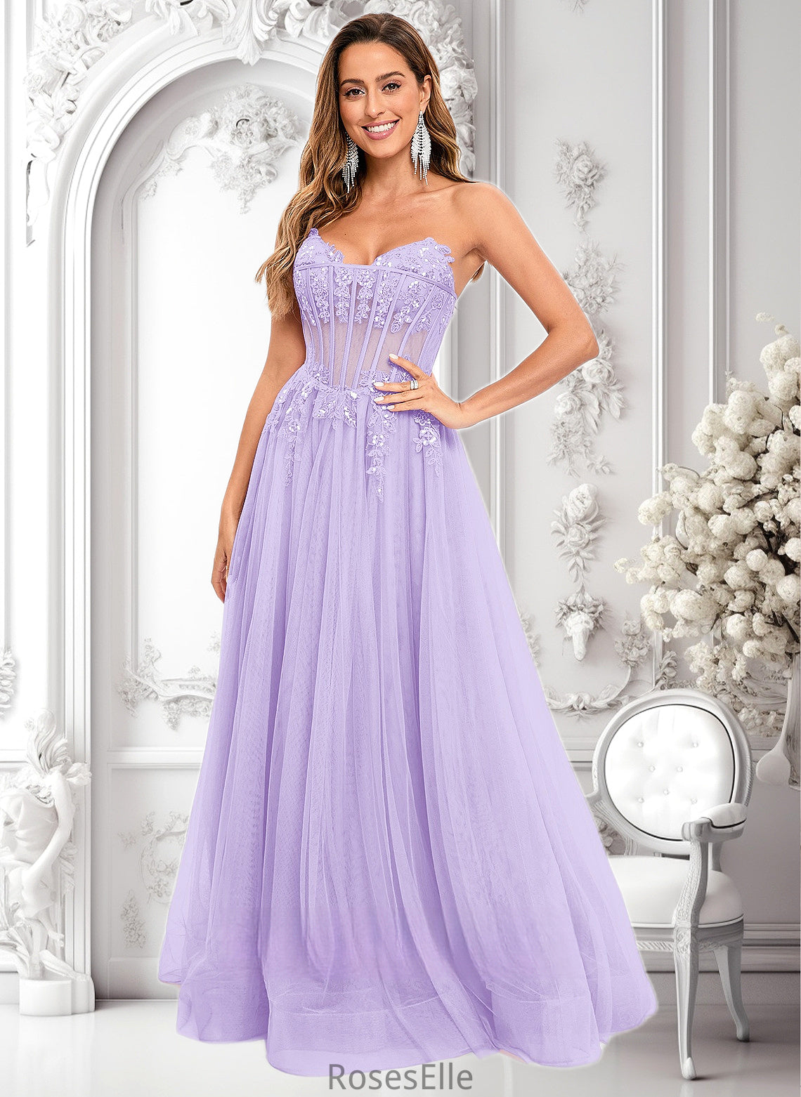 Mckenna Ball-Gown/Princess V-Neck Floor-Length Tulle Prom Dresses With Sequins Appliques Lace HJP0025837