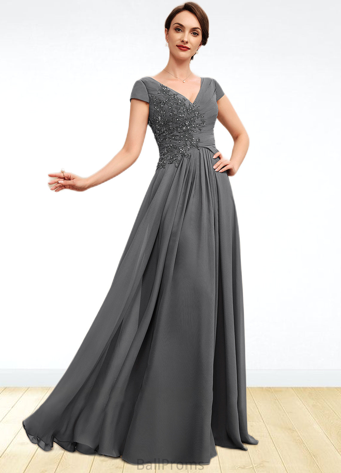 Valentina A-Line V-neck Floor-Length Chiffon Mother of the Bride Dress With Ruffle Lace Beading Sequins HJ126P0014582