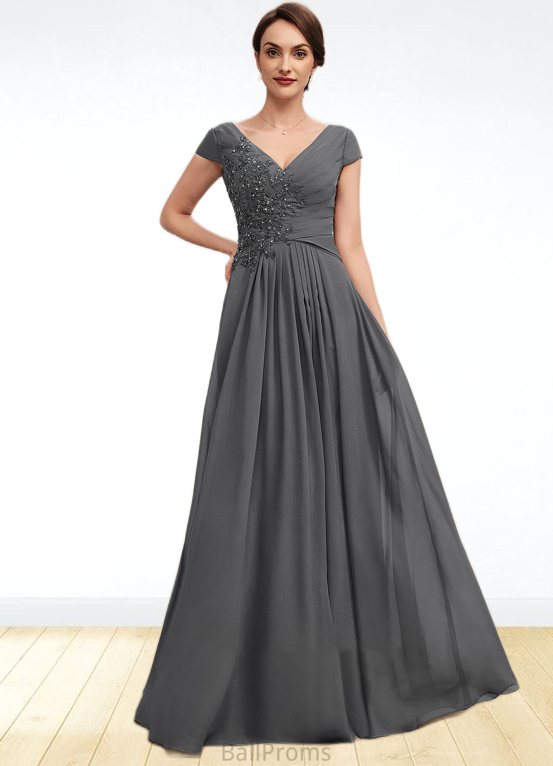 Valentina A-Line V-neck Floor-Length Chiffon Mother of the Bride Dress With Ruffle Lace Beading Sequins HJ126P0014582