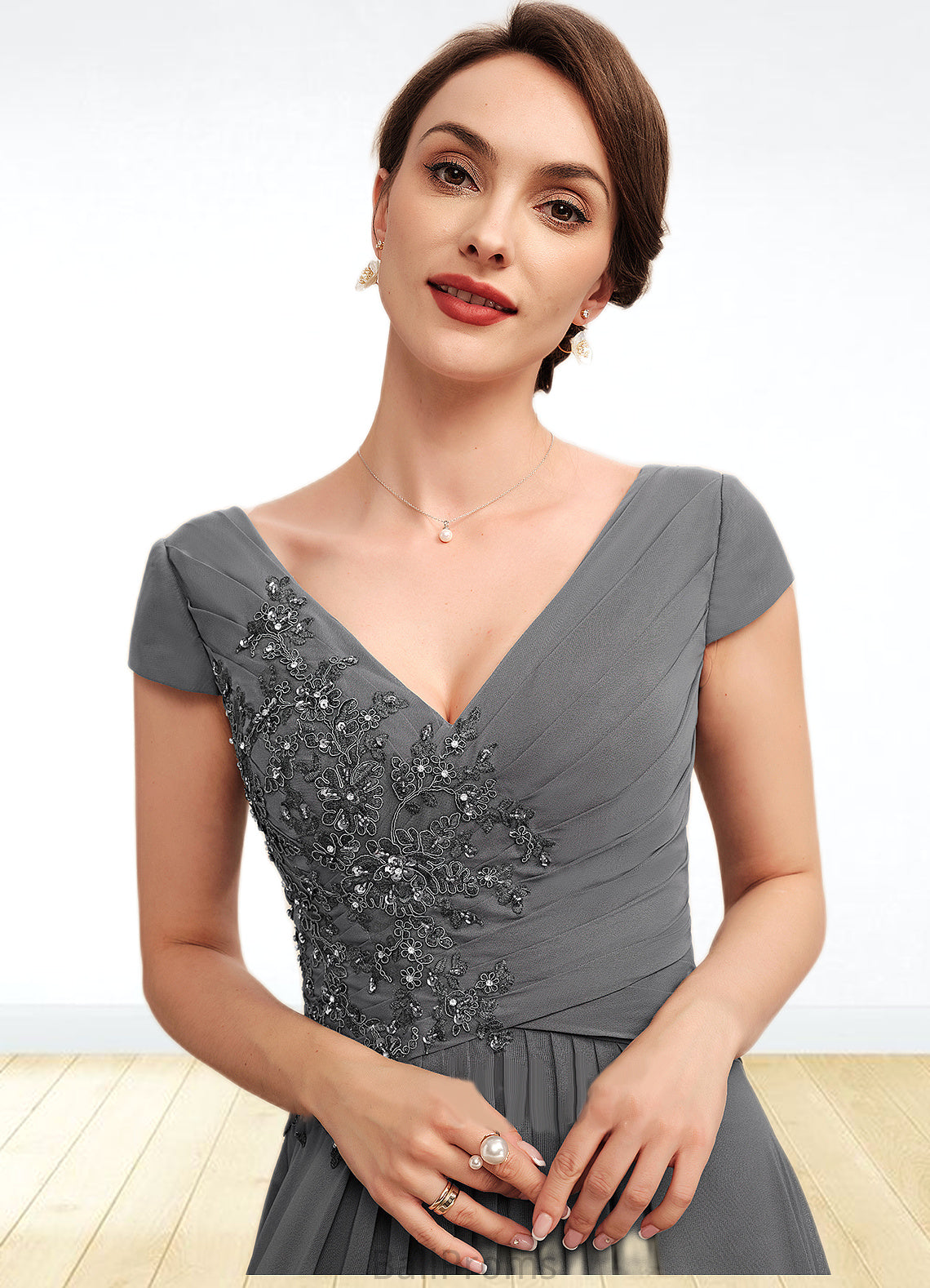 Valentina A-Line V-neck Floor-Length Chiffon Mother of the Bride Dress With Ruffle Lace Beading Sequins HJ126P0014582