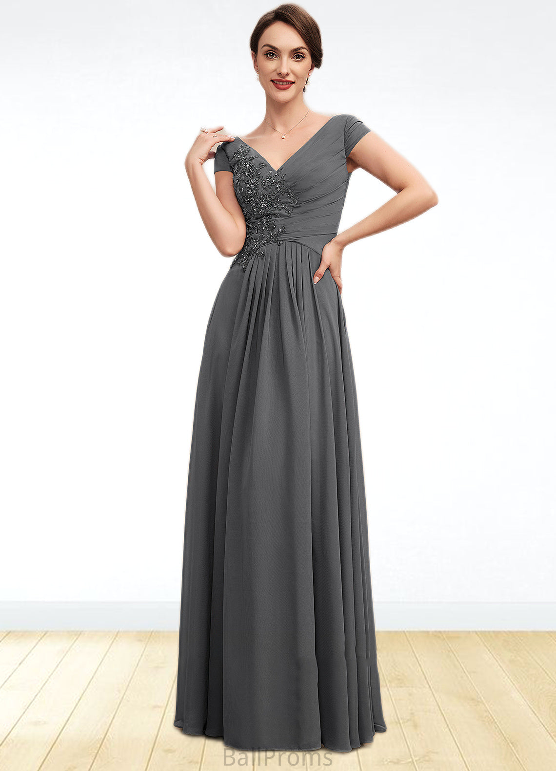 Valentina A-Line V-neck Floor-Length Chiffon Mother of the Bride Dress With Ruffle Lace Beading Sequins HJ126P0014582