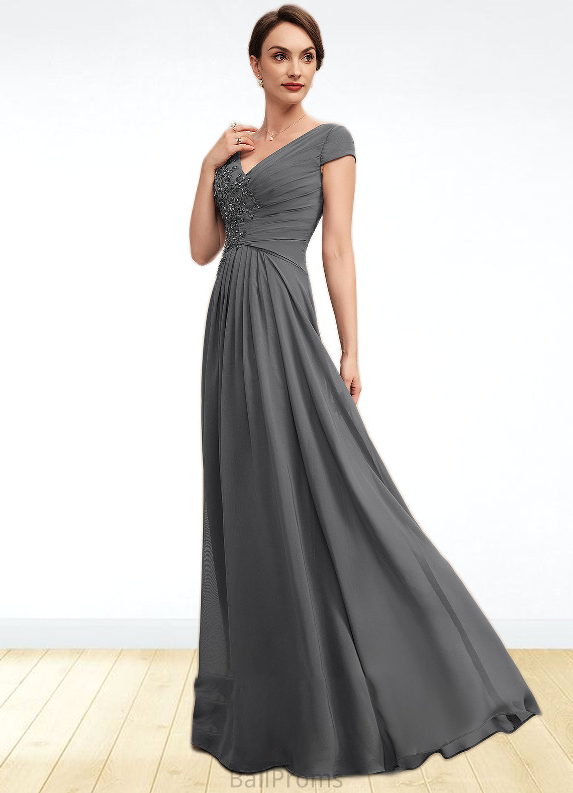 Valentina A-Line V-neck Floor-Length Chiffon Mother of the Bride Dress With Ruffle Lace Beading Sequins HJ126P0014582