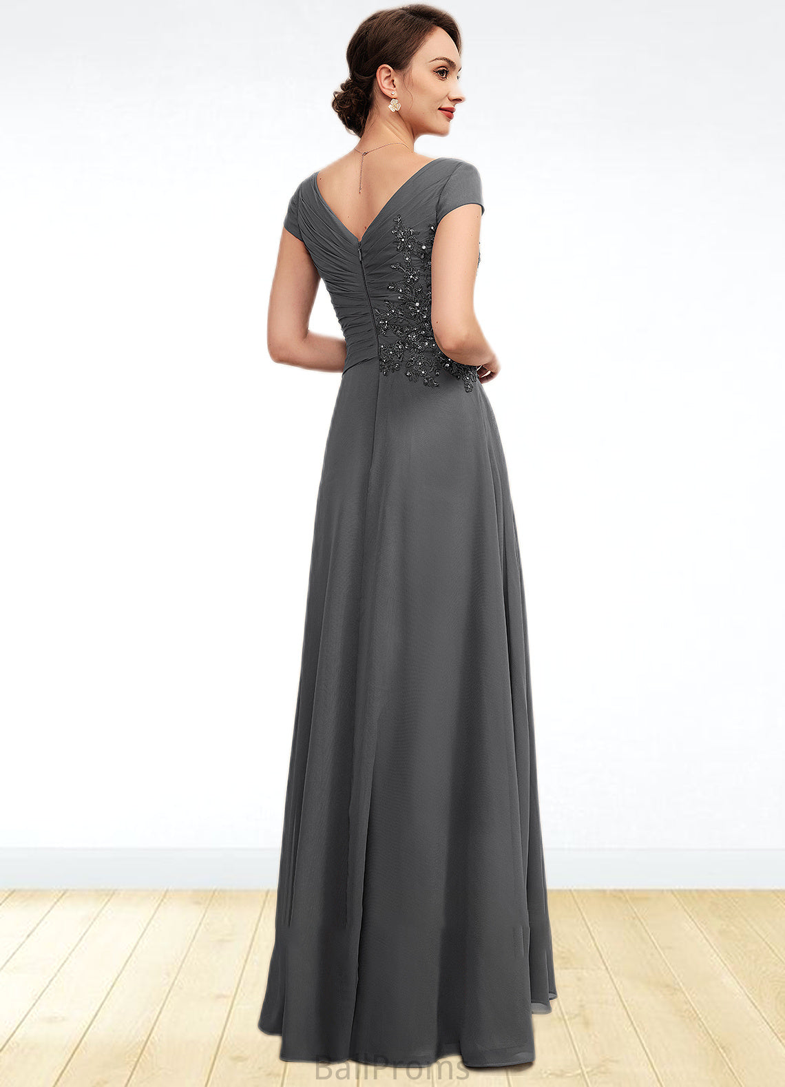 Valentina A-Line V-neck Floor-Length Chiffon Mother of the Bride Dress With Ruffle Lace Beading Sequins HJ126P0014582