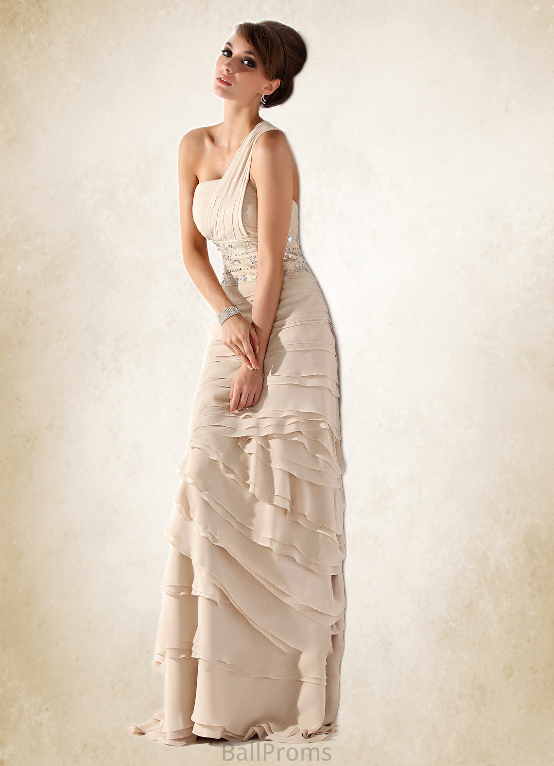 Vivian A-Line One-Shoulder Sweep Train Chiffon Mother of the Bride Dress With Beading Cascading Ruffles HJ126P0014610