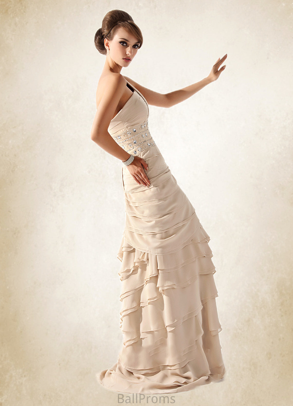 Vivian A-Line One-Shoulder Sweep Train Chiffon Mother of the Bride Dress With Beading Cascading Ruffles HJ126P0014610