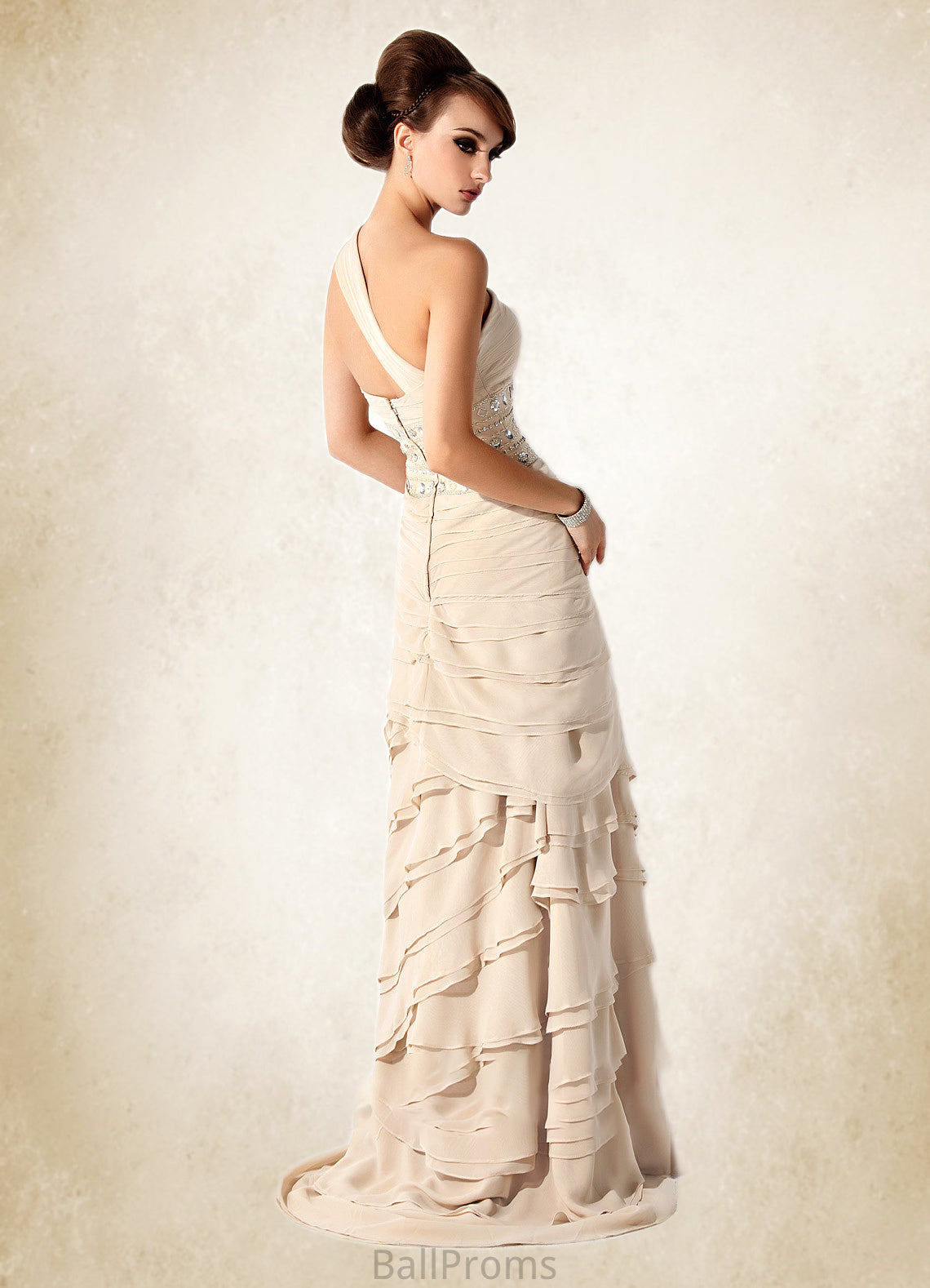 Vivian A-Line One-Shoulder Sweep Train Chiffon Mother of the Bride Dress With Beading Cascading Ruffles HJ126P0014610