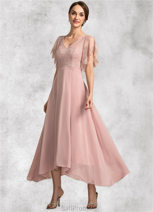 Tricia A-line V-Neck Ankle-Length Chiffon Lace Mother of the Bride Dress HJ126P0014636