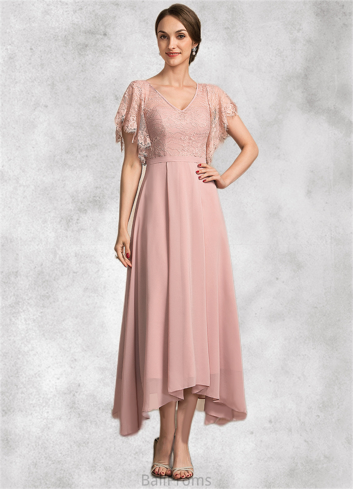 Tricia A-line V-Neck Ankle-Length Chiffon Lace Mother of the Bride Dress HJ126P0014636