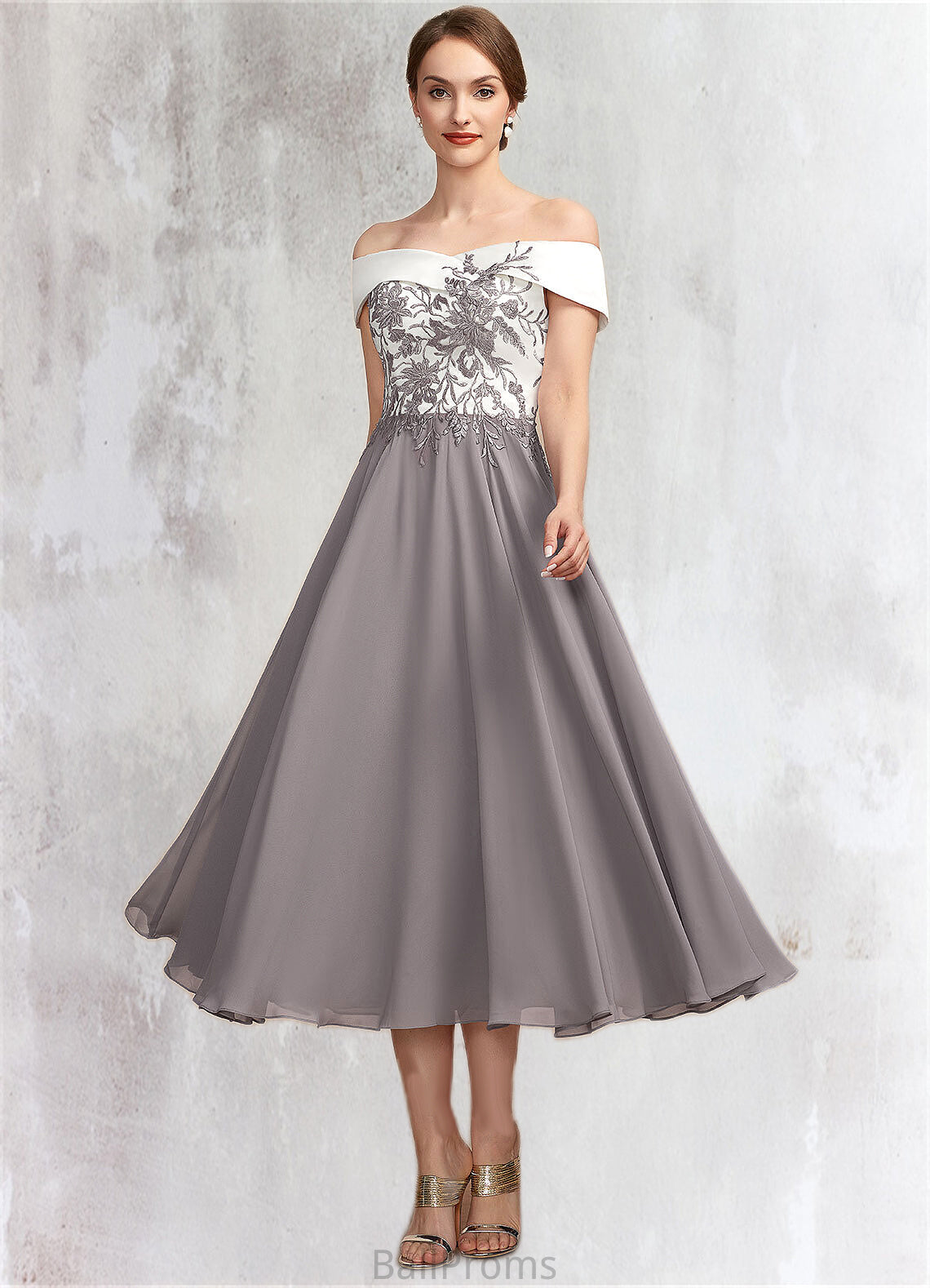 Yazmin A-Line Off-the-Shoulder Tea-Length Chiffon Lace Mother of the Bride Dress HJ126P0014680